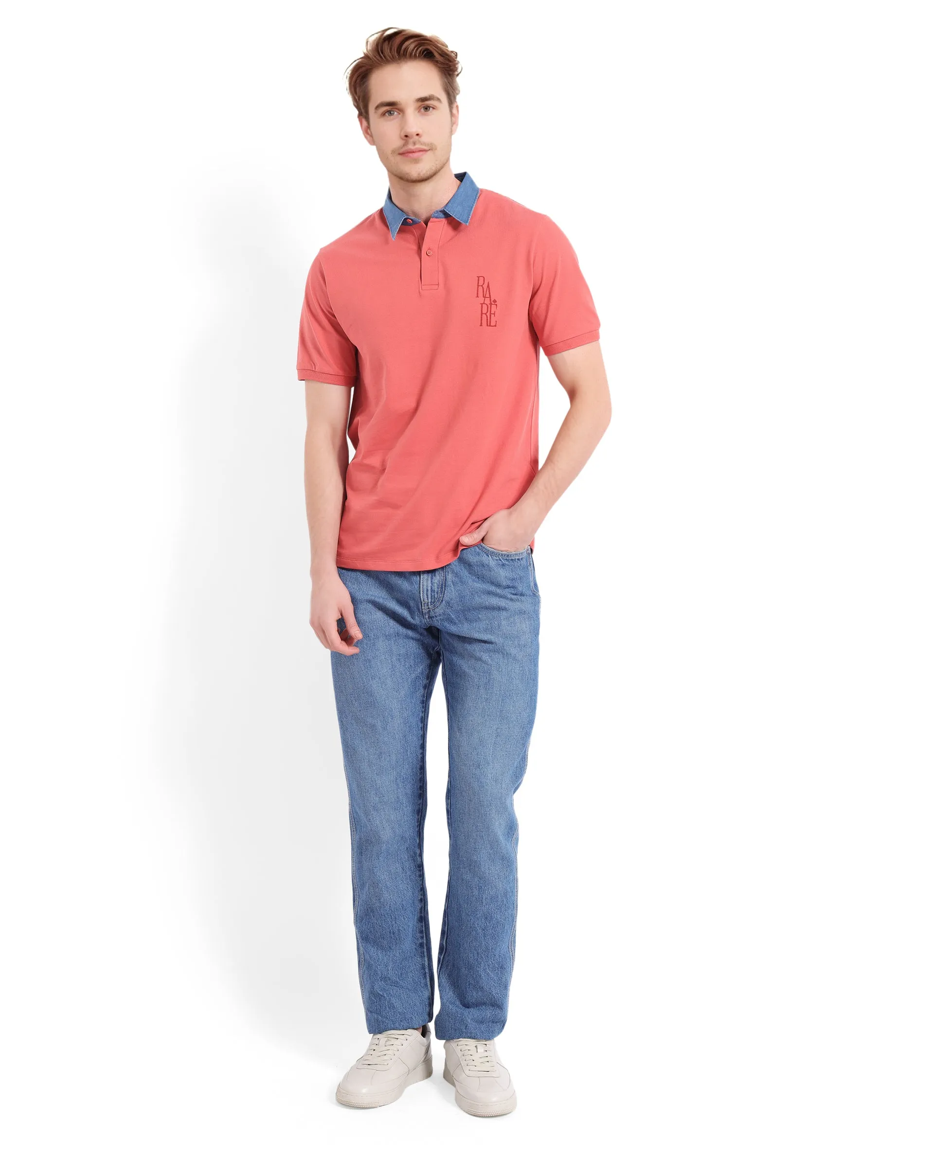 Rare Rabbit Men Tem Dark Orange Short Sleeve Collared Neck Button Closure Plain Polo