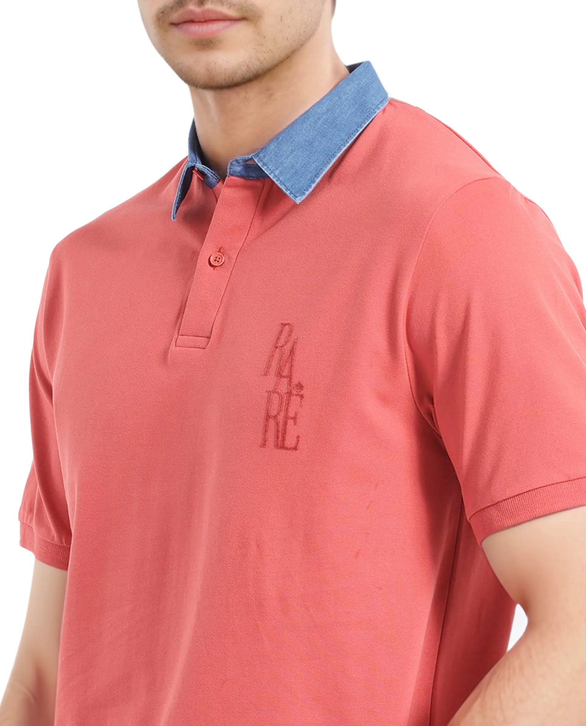 Rare Rabbit Men Tem Dark Orange Short Sleeve Collared Neck Button Closure Plain Polo