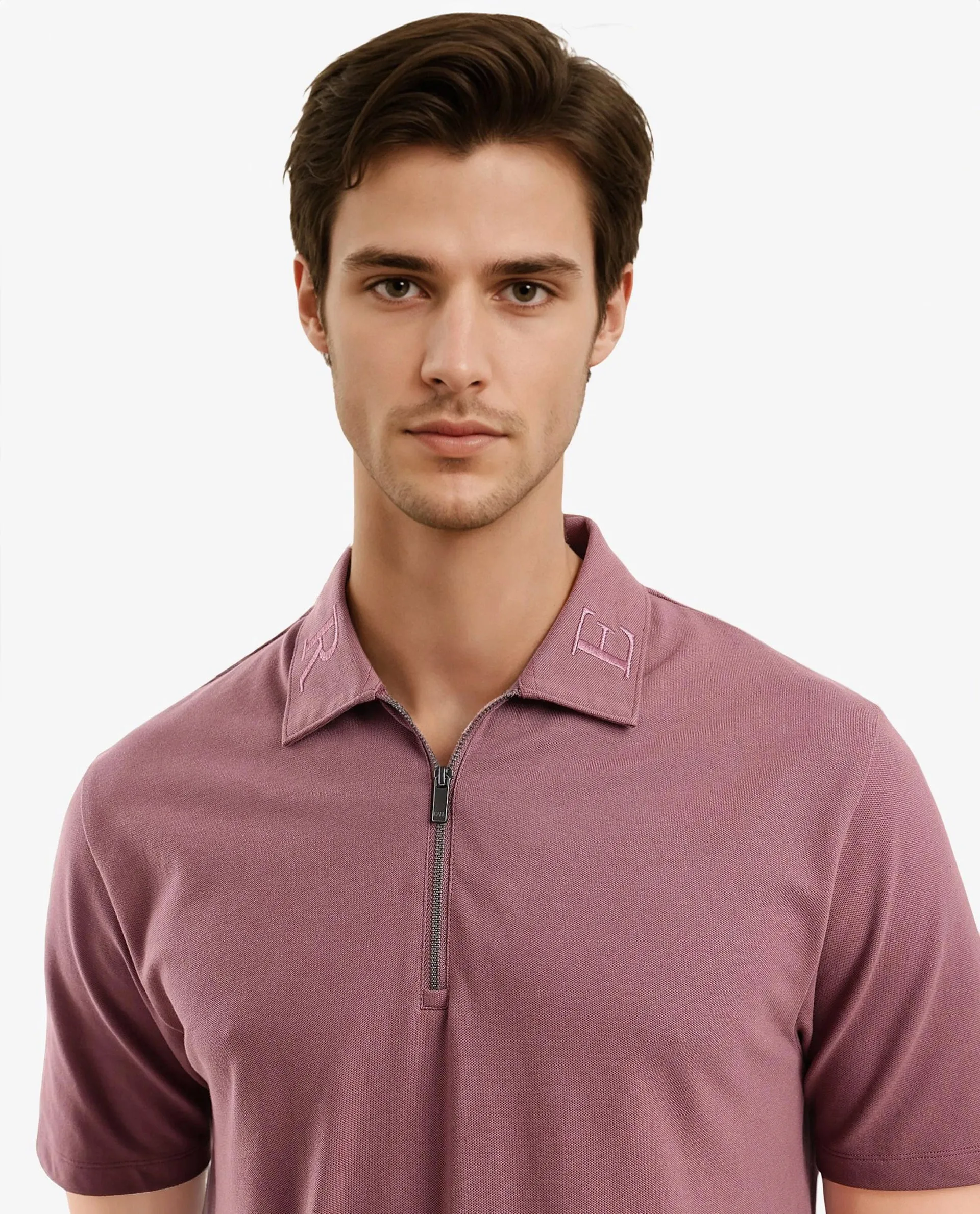 Rare Rabbit Men Thero Dusky Pink Cotton Lycra Fabric Short Sleeve Embroidered Collar Zipper Closure Plain Polo T-Shirt
