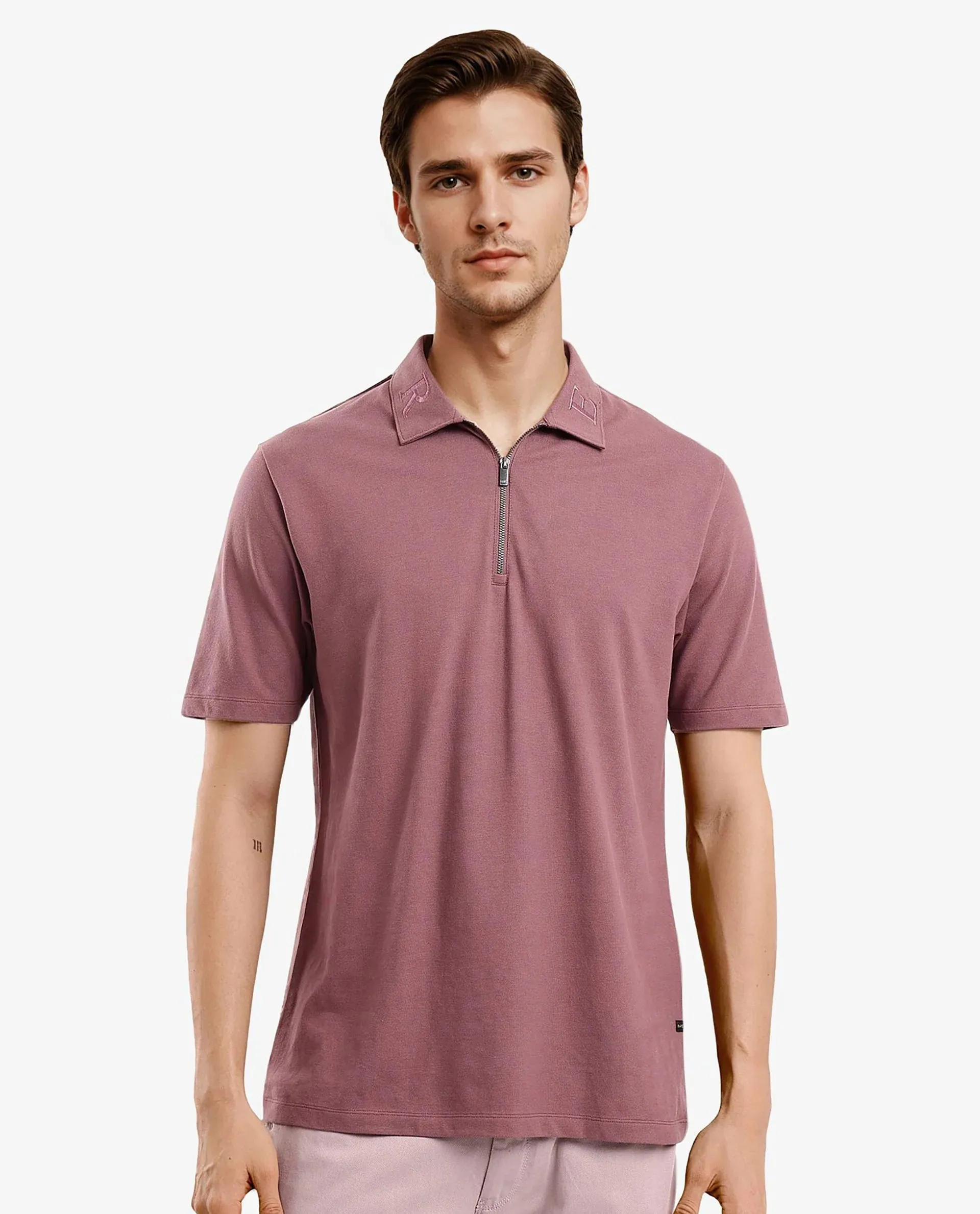 Rare Rabbit Men Thero Dusky Pink Cotton Lycra Fabric Short Sleeve Embroidered Collar Zipper Closure Plain Polo T-Shirt
