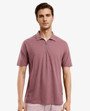 Rare Rabbit Men Thero Dusky Pink Cotton Lycra Fabric Short Sleeve Embroidered Collar Zipper Closure Plain Polo T-Shirt