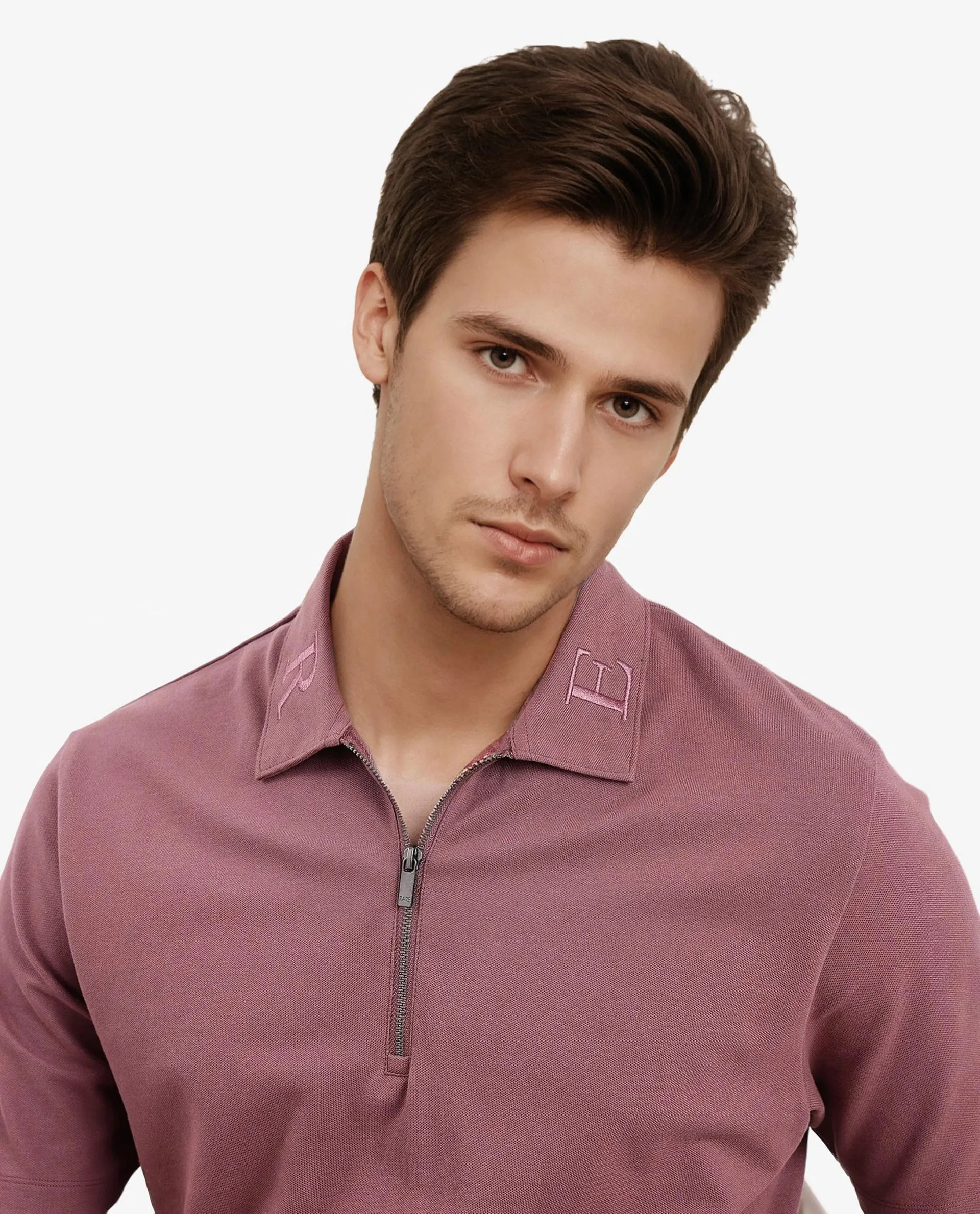 Rare Rabbit Men Thero Dusky Pink Cotton Lycra Fabric Short Sleeve Embroidered Collar Zipper Closure Plain Polo T-Shirt