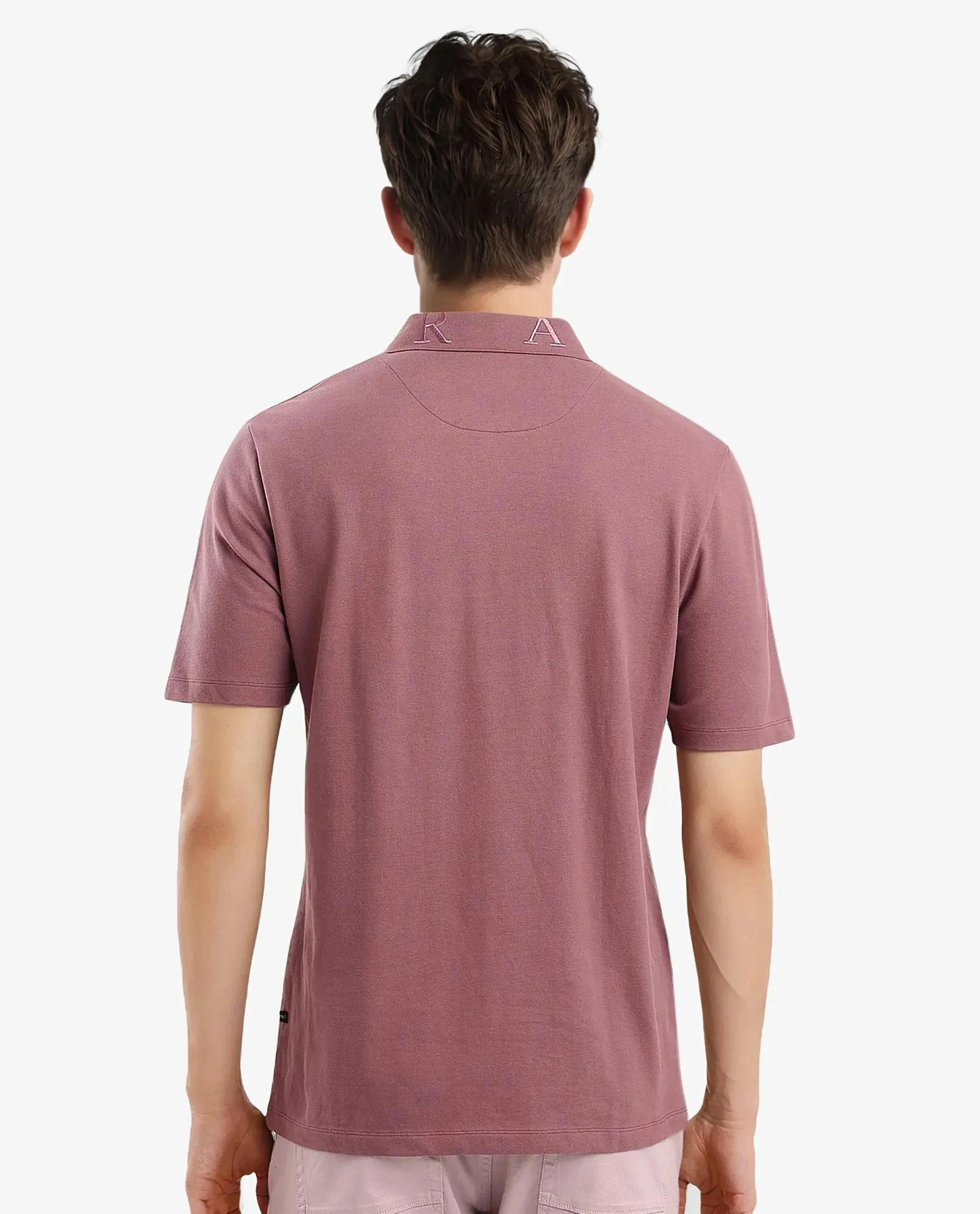Rare Rabbit Men Thero Dusky Pink Cotton Lycra Fabric Short Sleeve Embroidered Collar Zipper Closure Plain Polo T-Shirt