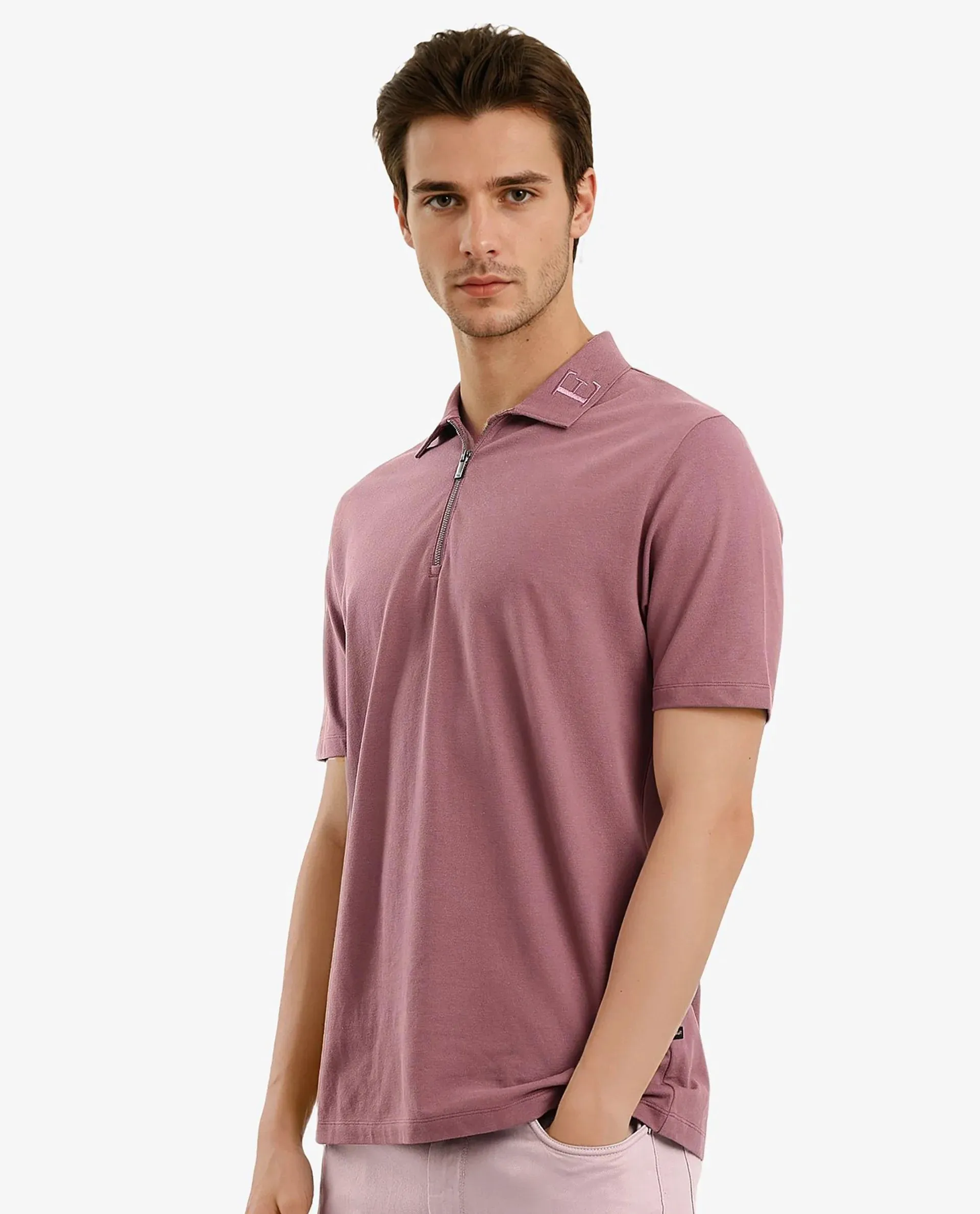 Rare Rabbit Men Thero Dusky Pink Cotton Lycra Fabric Short Sleeve Embroidered Collar Zipper Closure Plain Polo T-Shirt
