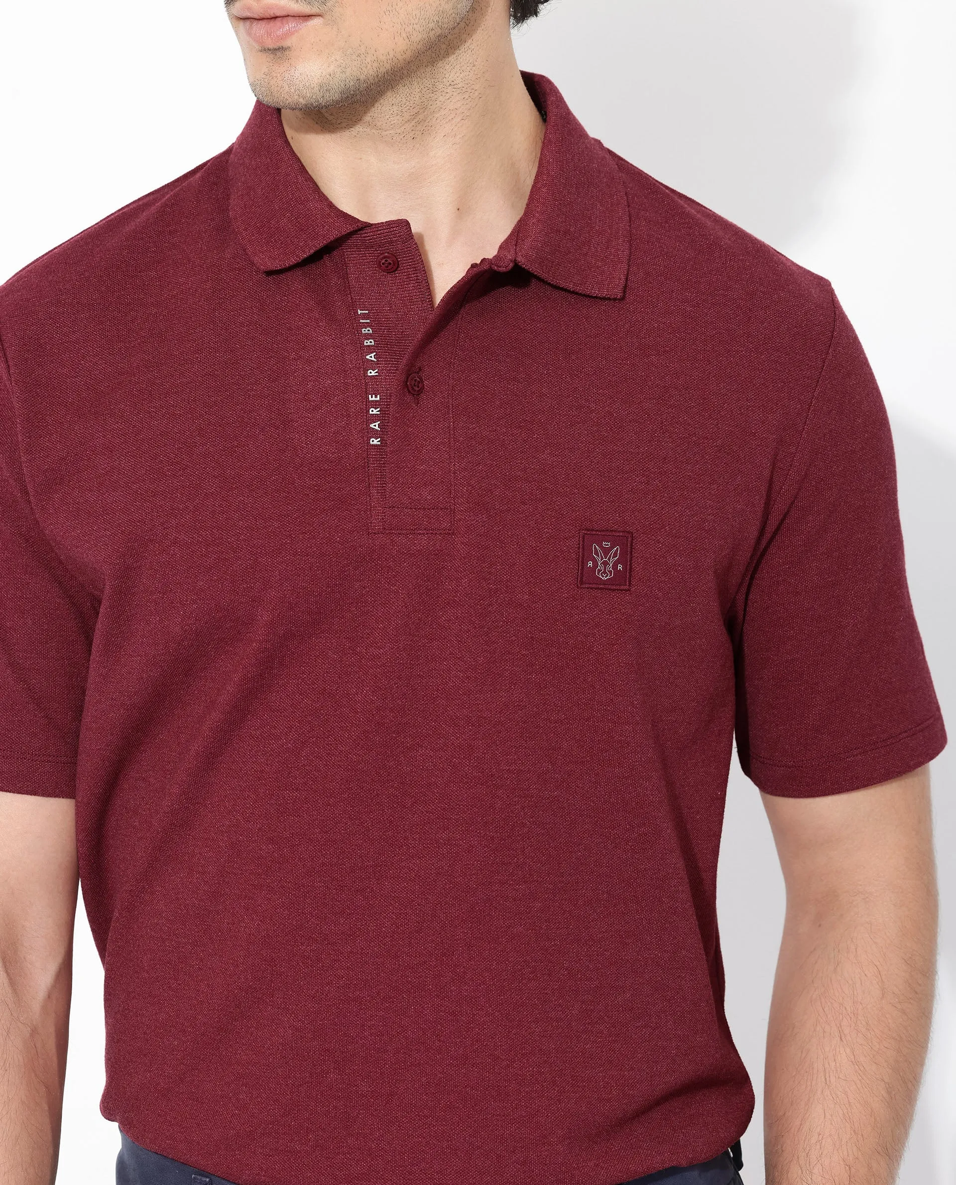 Rare Rabbit Men's Gamor Red Cotton Poly Fabric Short Sleeves Collared Neck Plain Knit Polo