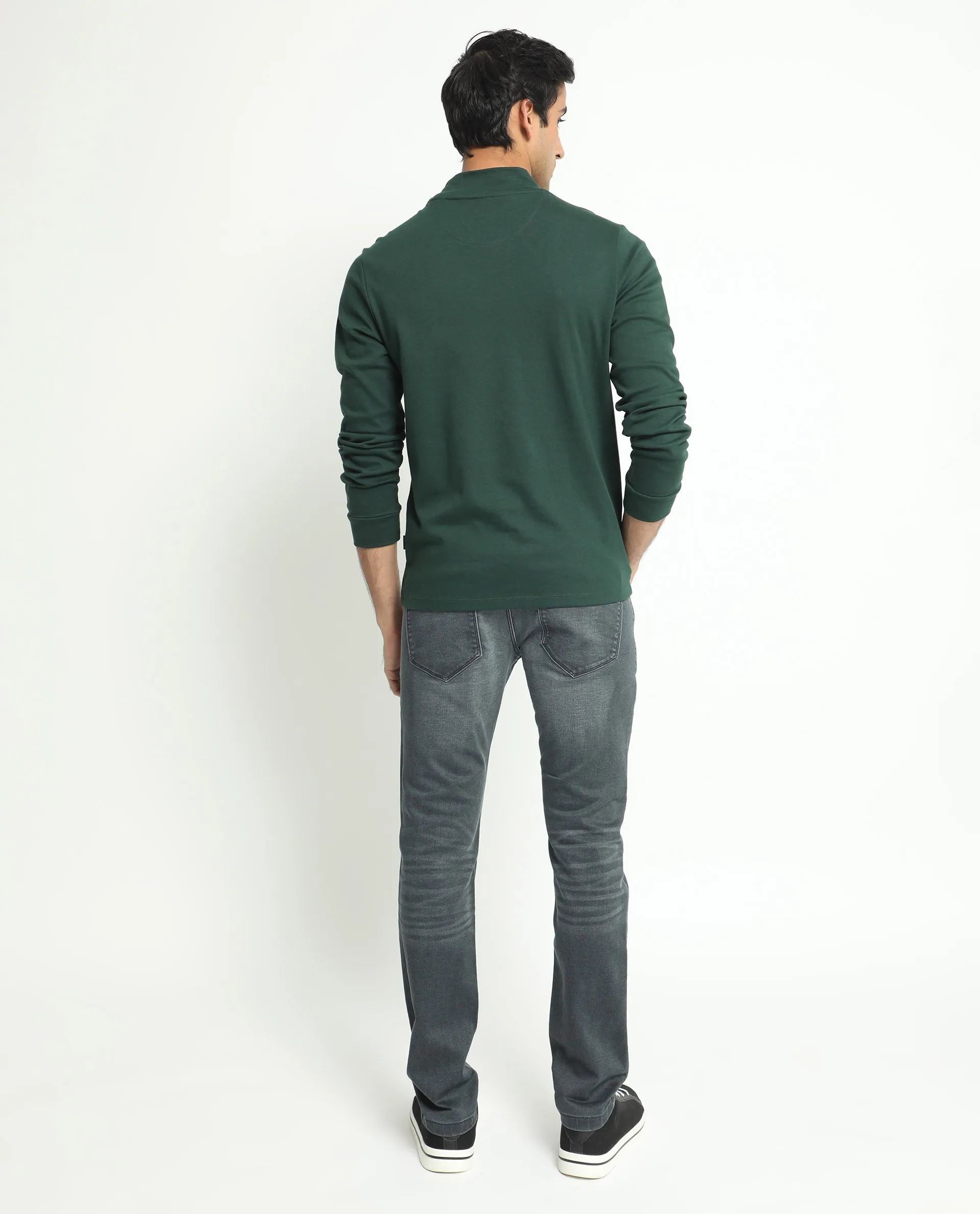 Rare Rabbit Men's Mania Green Cotton Fabric High Neck Full Sleeves Solid Sweatshirt