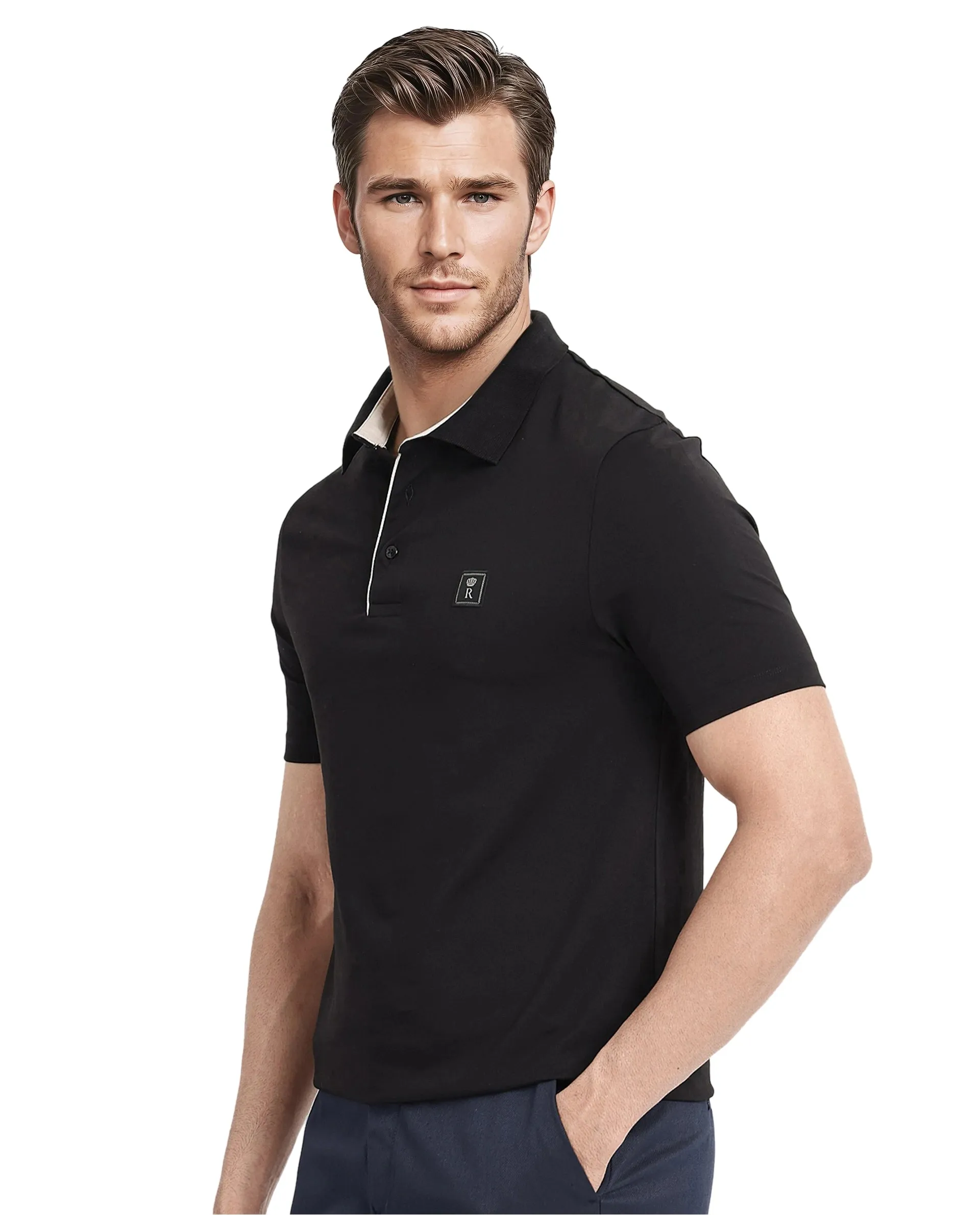 Rare Rabbit Men's Maq Black Cotton Polyester Lycra Fabric Short Sleeve Contrasting Placket Piping Regular Fit Plain Polo T-Shirt