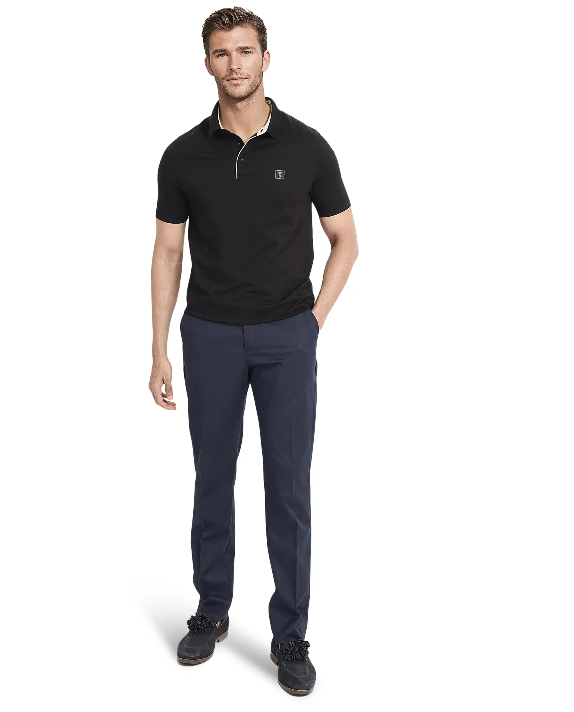 Rare Rabbit Men's Maq Black Cotton Polyester Lycra Fabric Short Sleeve Contrasting Placket Piping Regular Fit Plain Polo T-Shirt