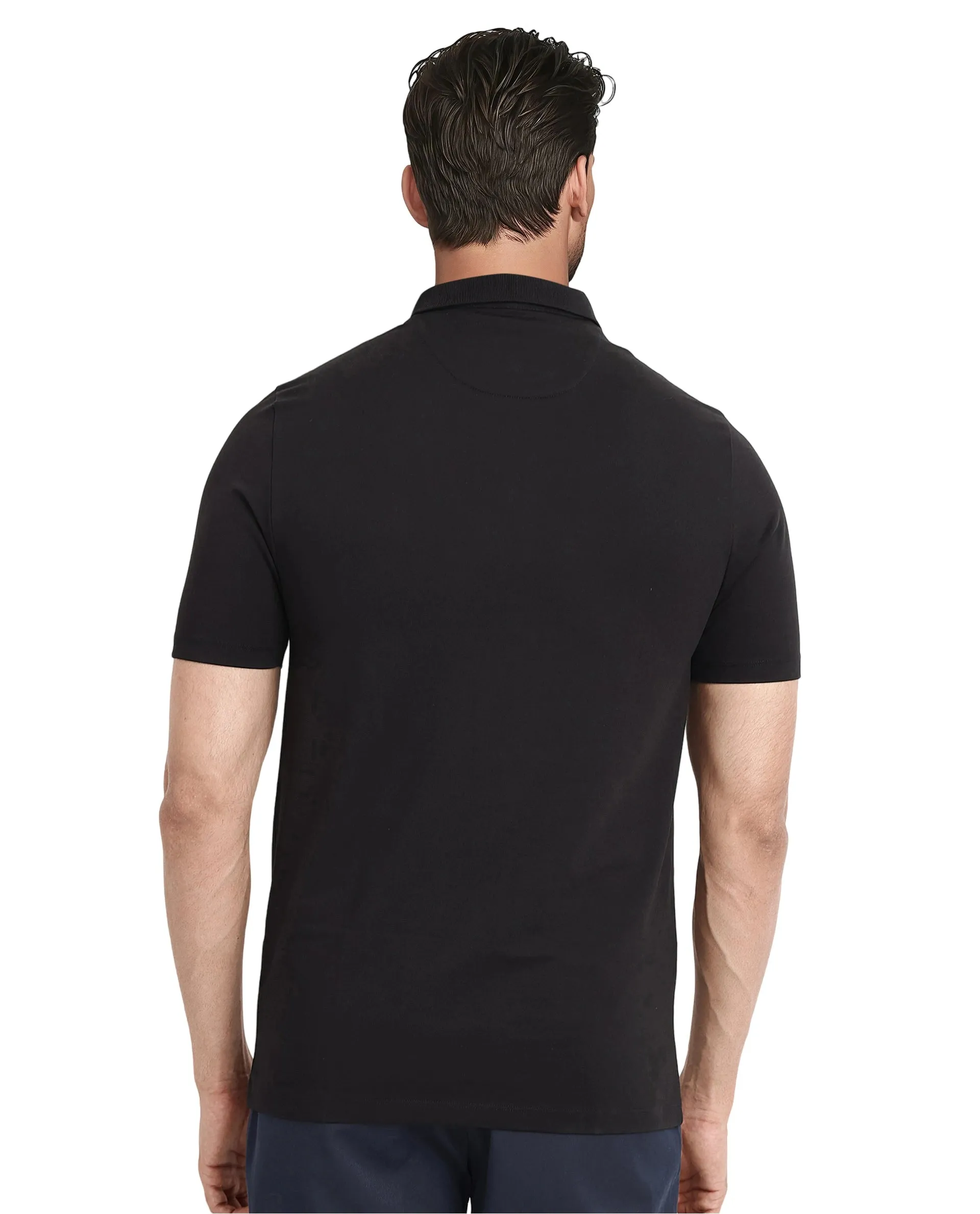 Rare Rabbit Men's Maq Black Cotton Polyester Lycra Fabric Short Sleeve Contrasting Placket Piping Regular Fit Plain Polo T-Shirt