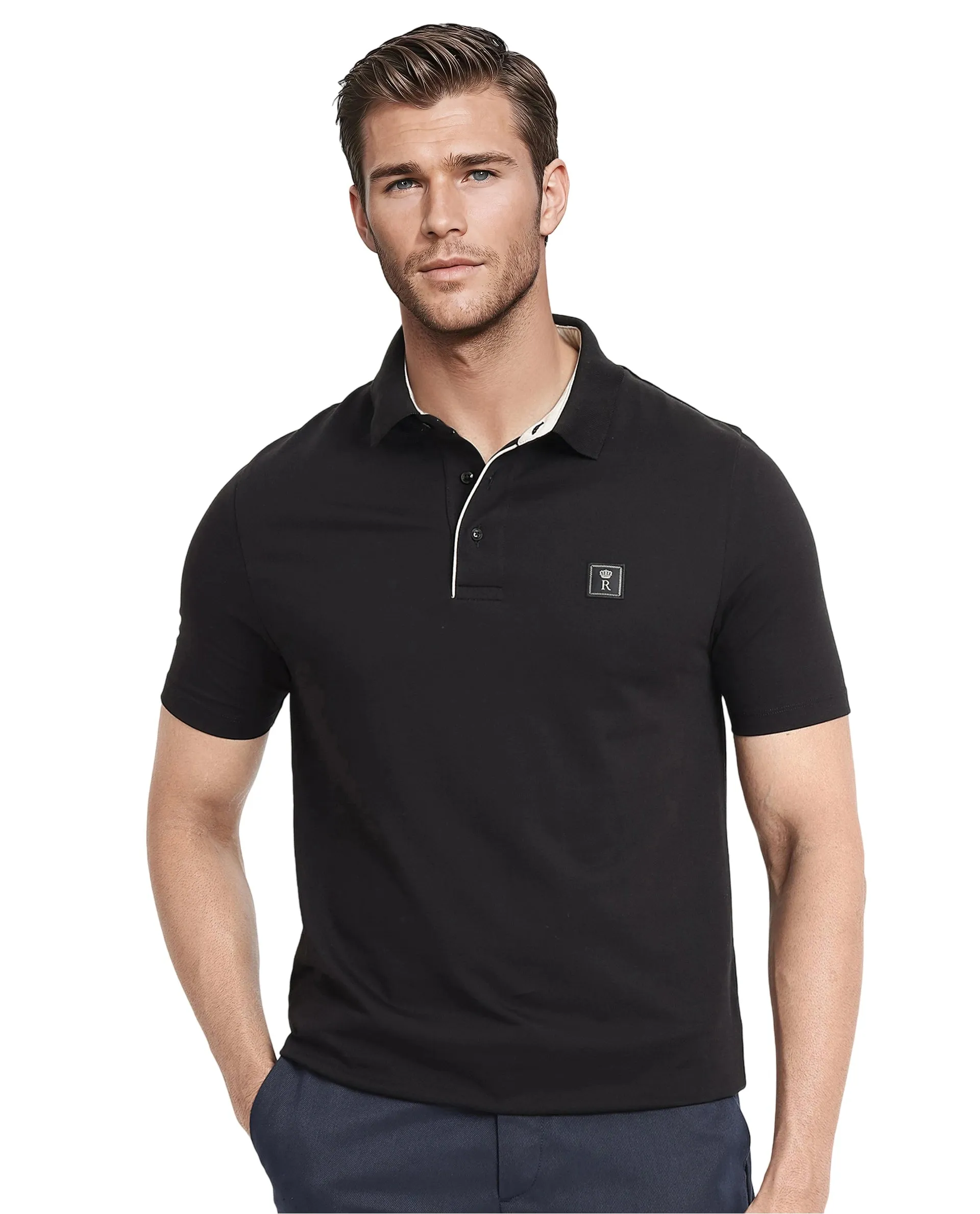 Rare Rabbit Men's Maq Black Cotton Polyester Lycra Fabric Short Sleeve Contrasting Placket Piping Regular Fit Plain Polo T-Shirt