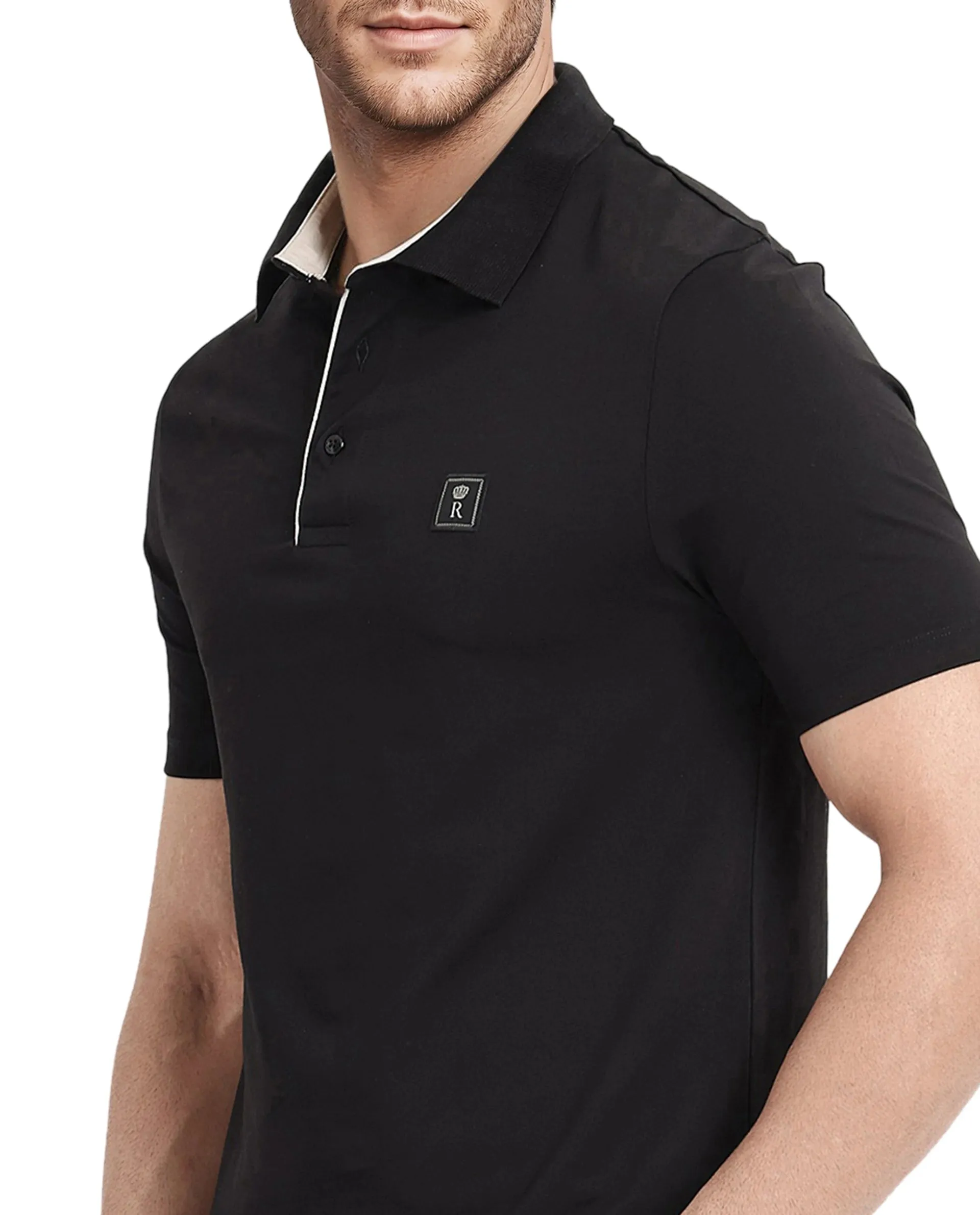Rare Rabbit Men's Maq Black Cotton Polyester Lycra Fabric Short Sleeve Contrasting Placket Piping Regular Fit Plain Polo T-Shirt