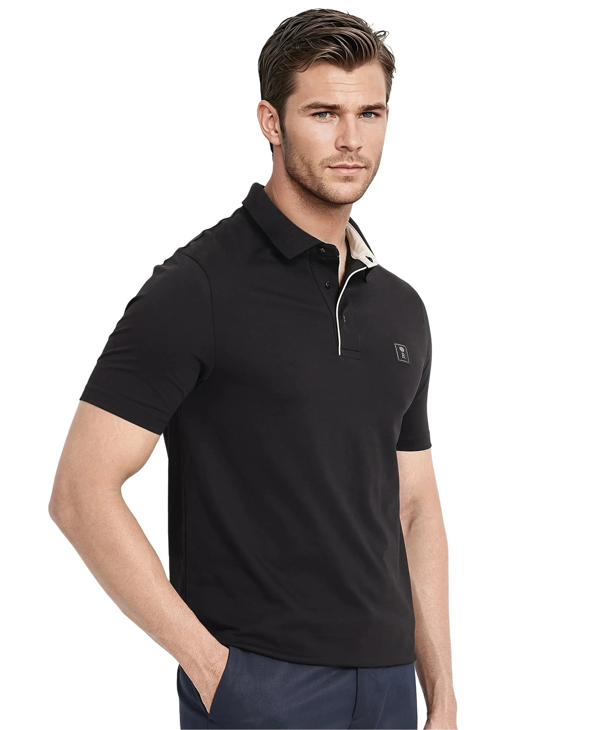 Rare Rabbit Men's Maq Black Cotton Polyester Lycra Fabric Short Sleeve Contrasting Placket Piping Regular Fit Plain Polo T-Shirt
