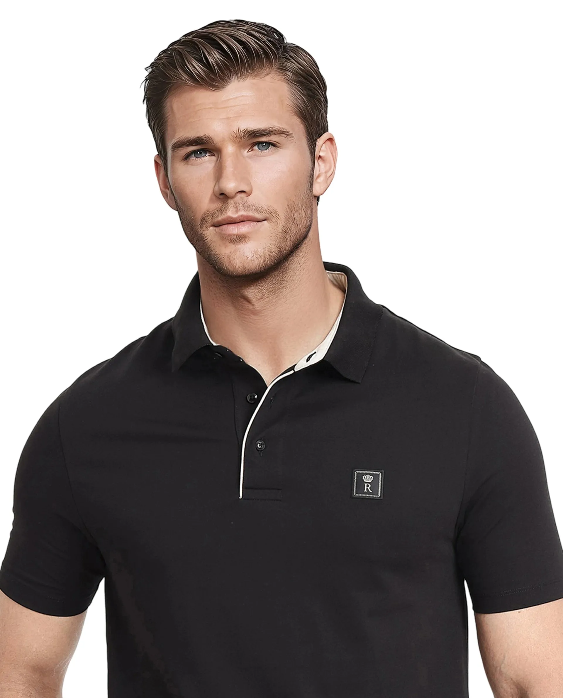 Rare Rabbit Men's Maq Black Cotton Polyester Lycra Fabric Short Sleeve Contrasting Placket Piping Regular Fit Plain Polo T-Shirt