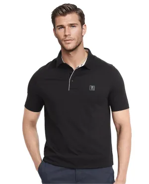 Rare Rabbit Men's Maq Black Cotton Polyester Lycra Fabric Short Sleeve Contrasting Placket Piping Regular Fit Plain Polo T-Shirt