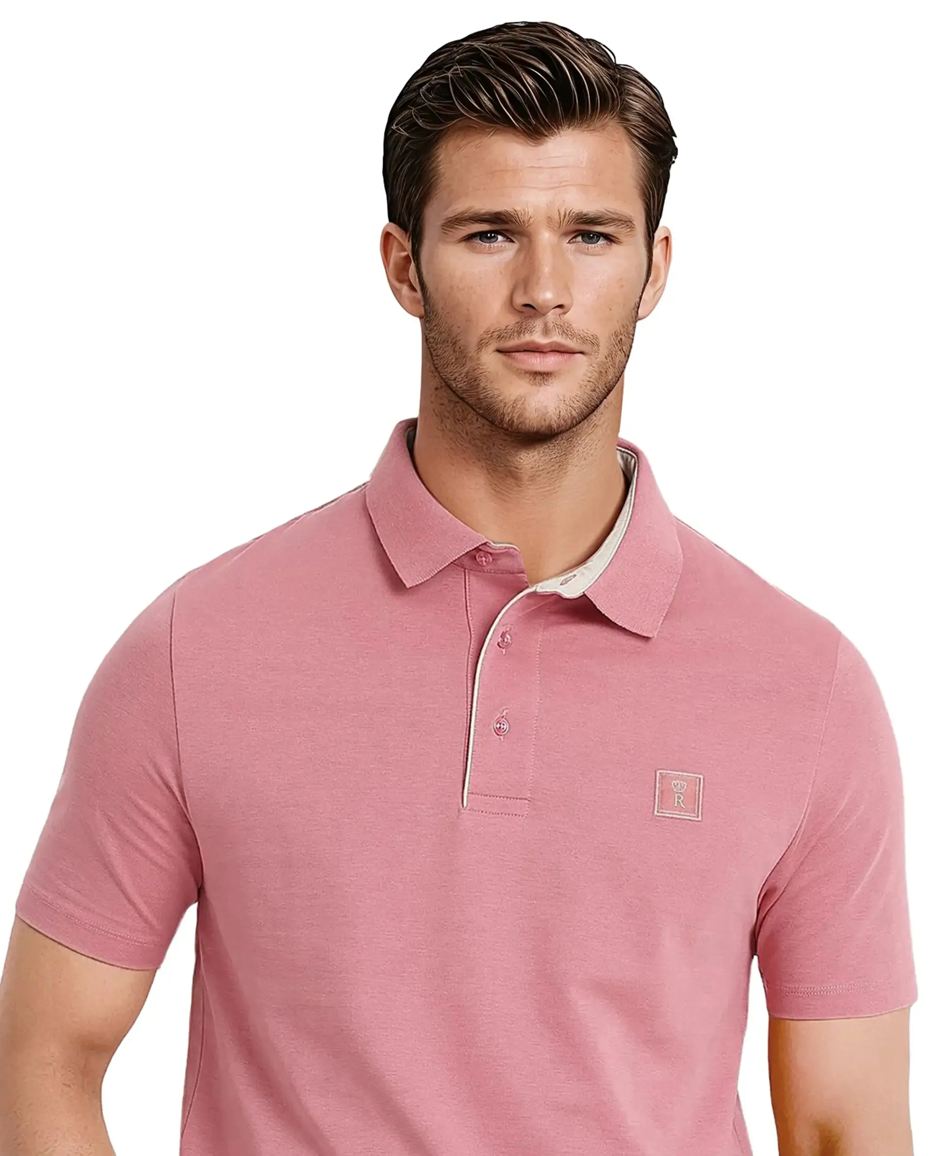 Rare Rabbit Men's Maq Pink Cotton Polyester Lycra Fabric Short Sleeve Contrasting Placket Piping Regular Fit Plain Polo T-Shirt