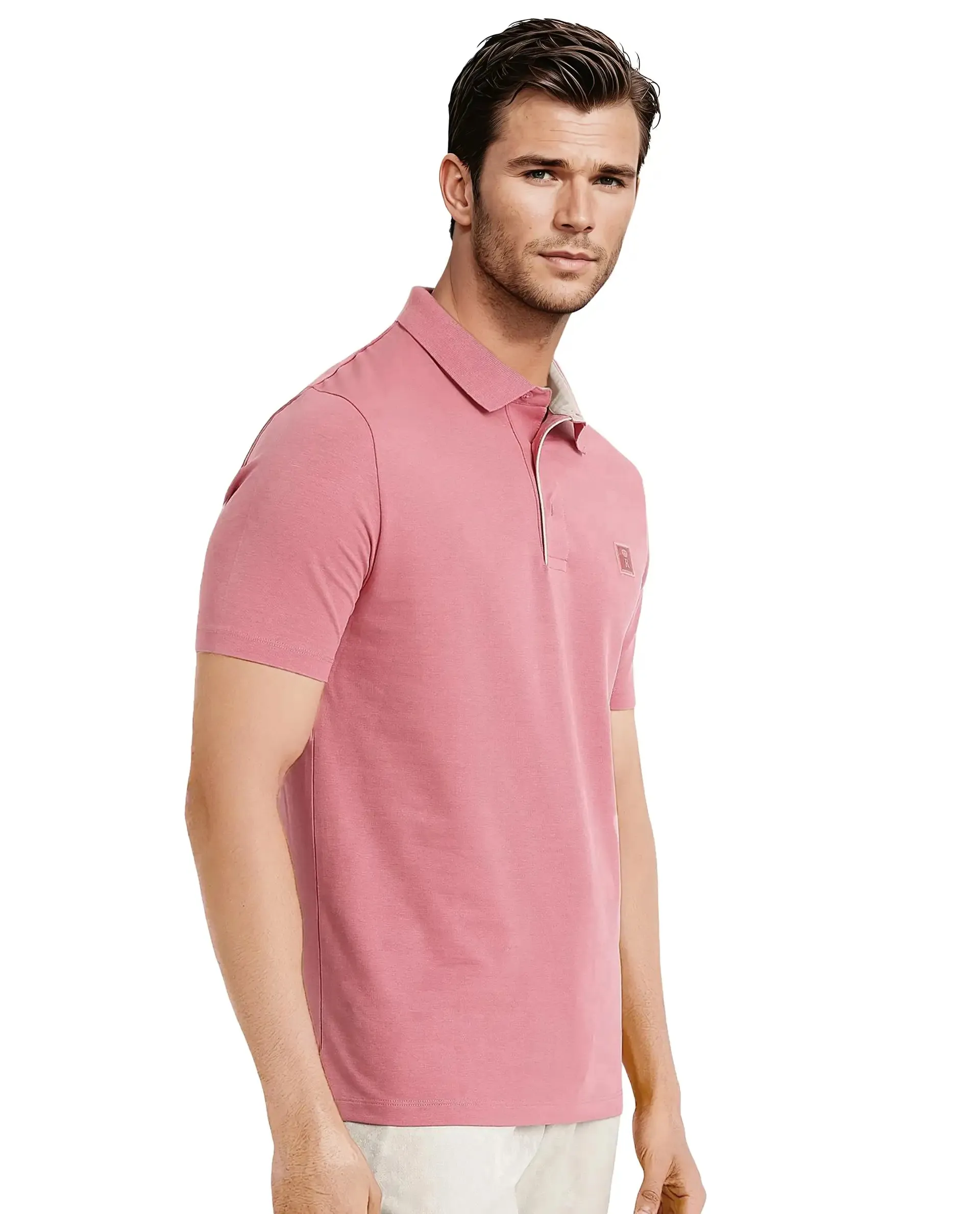 Rare Rabbit Men's Maq Pink Cotton Polyester Lycra Fabric Short Sleeve Contrasting Placket Piping Regular Fit Plain Polo T-Shirt