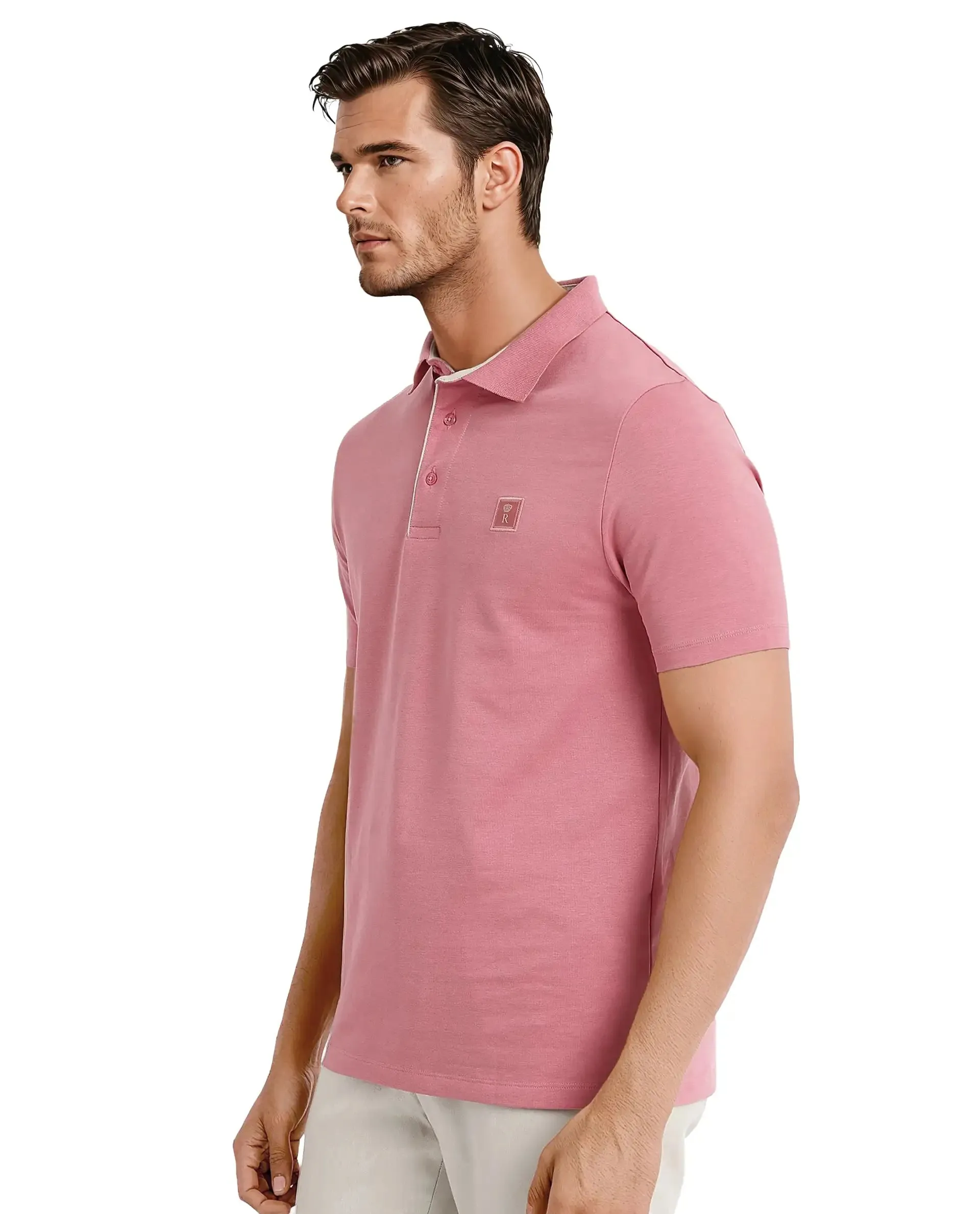 Rare Rabbit Men's Maq Pink Cotton Polyester Lycra Fabric Short Sleeve Contrasting Placket Piping Regular Fit Plain Polo T-Shirt