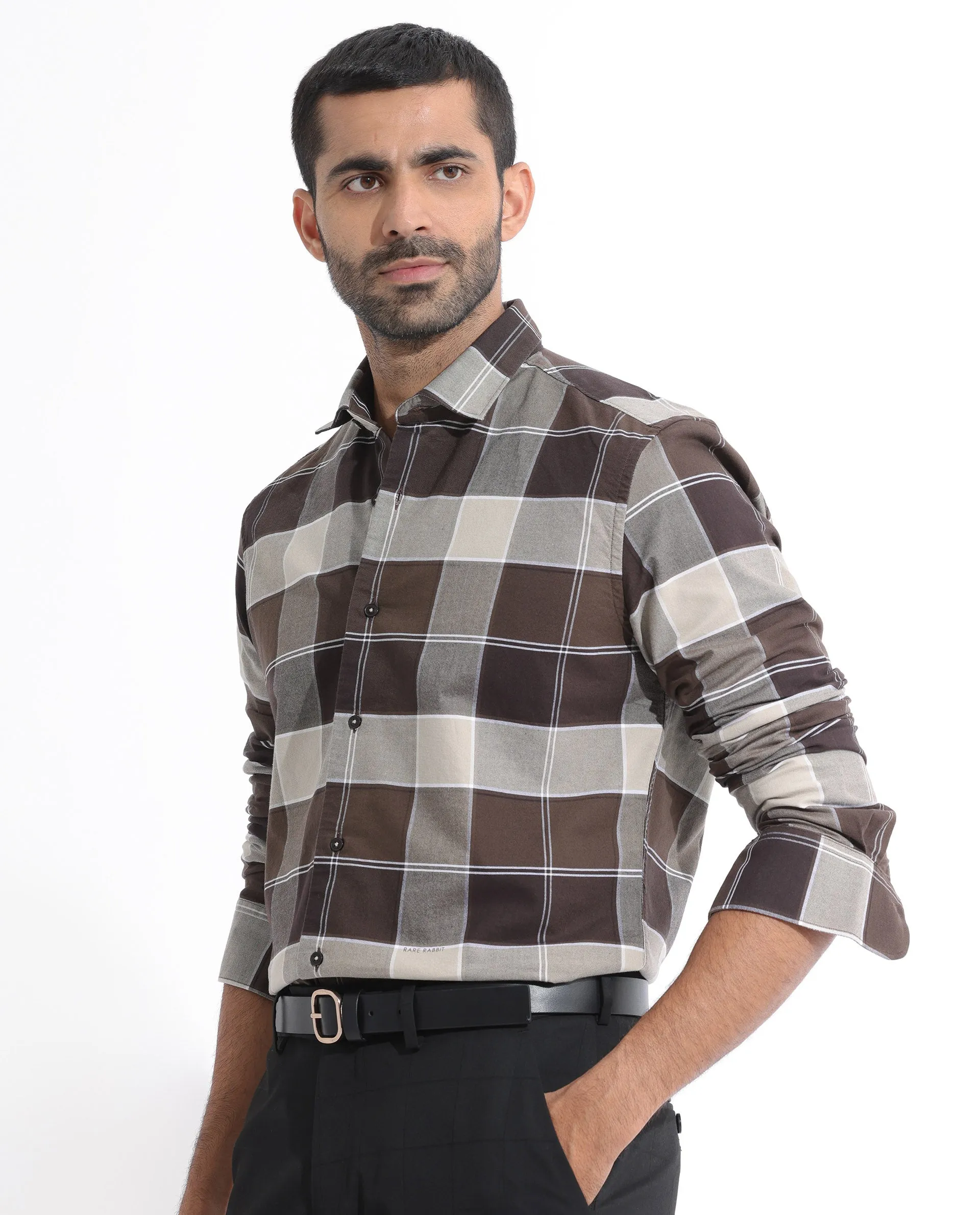 Rare Rabbit Men's Newton Dark Brown Cotton Fabric Full Sleeves Checks Shirt