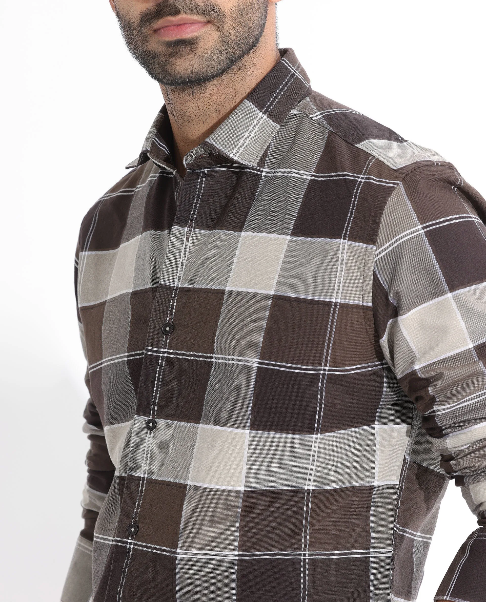 Rare Rabbit Men's Newton Dark Brown Cotton Fabric Full Sleeves Checks Shirt