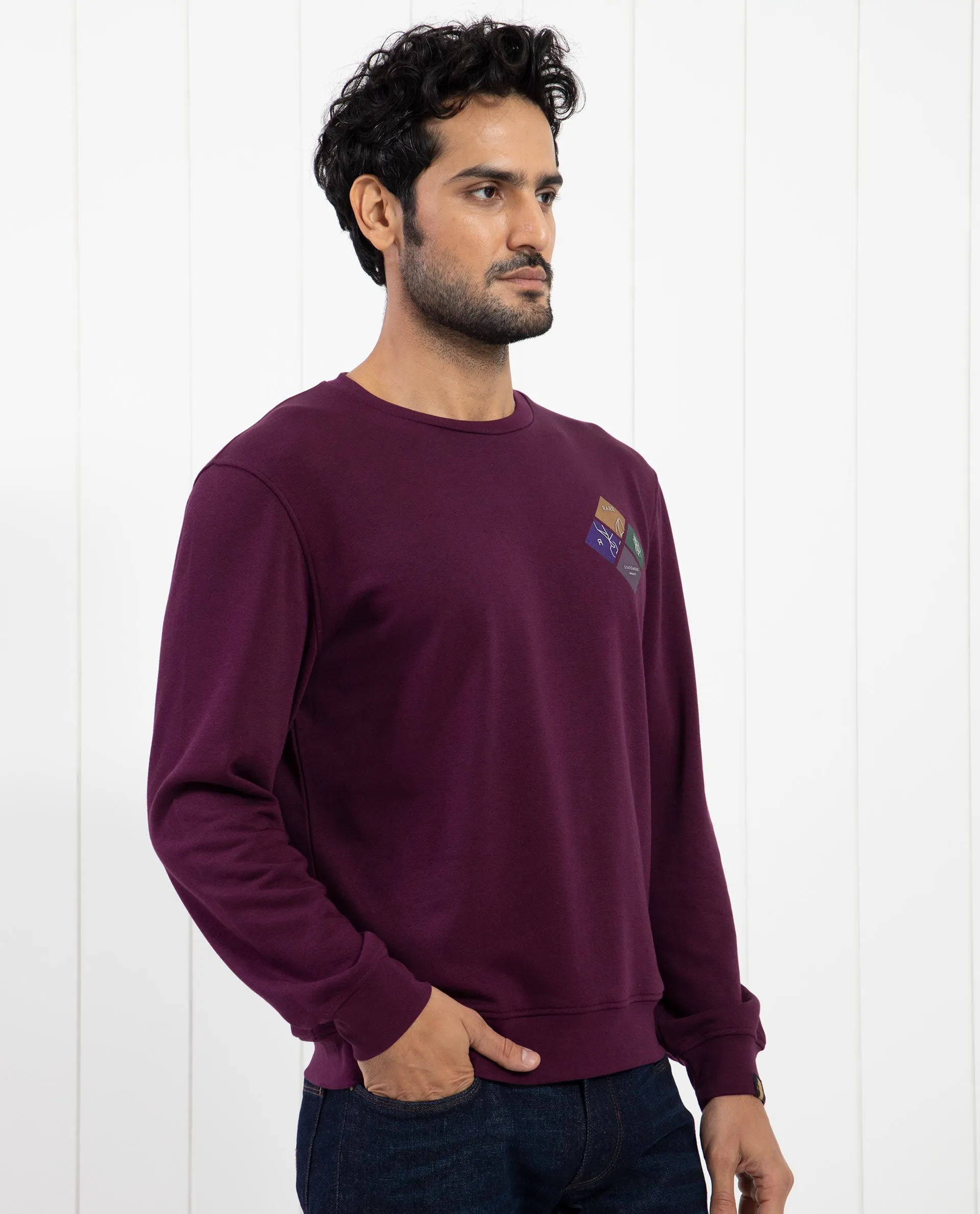 Rare Rabbit Men's Praise Maroon Cotton Polyester Fabric Full Sleeves Graphic Branding Print Sweatshirt