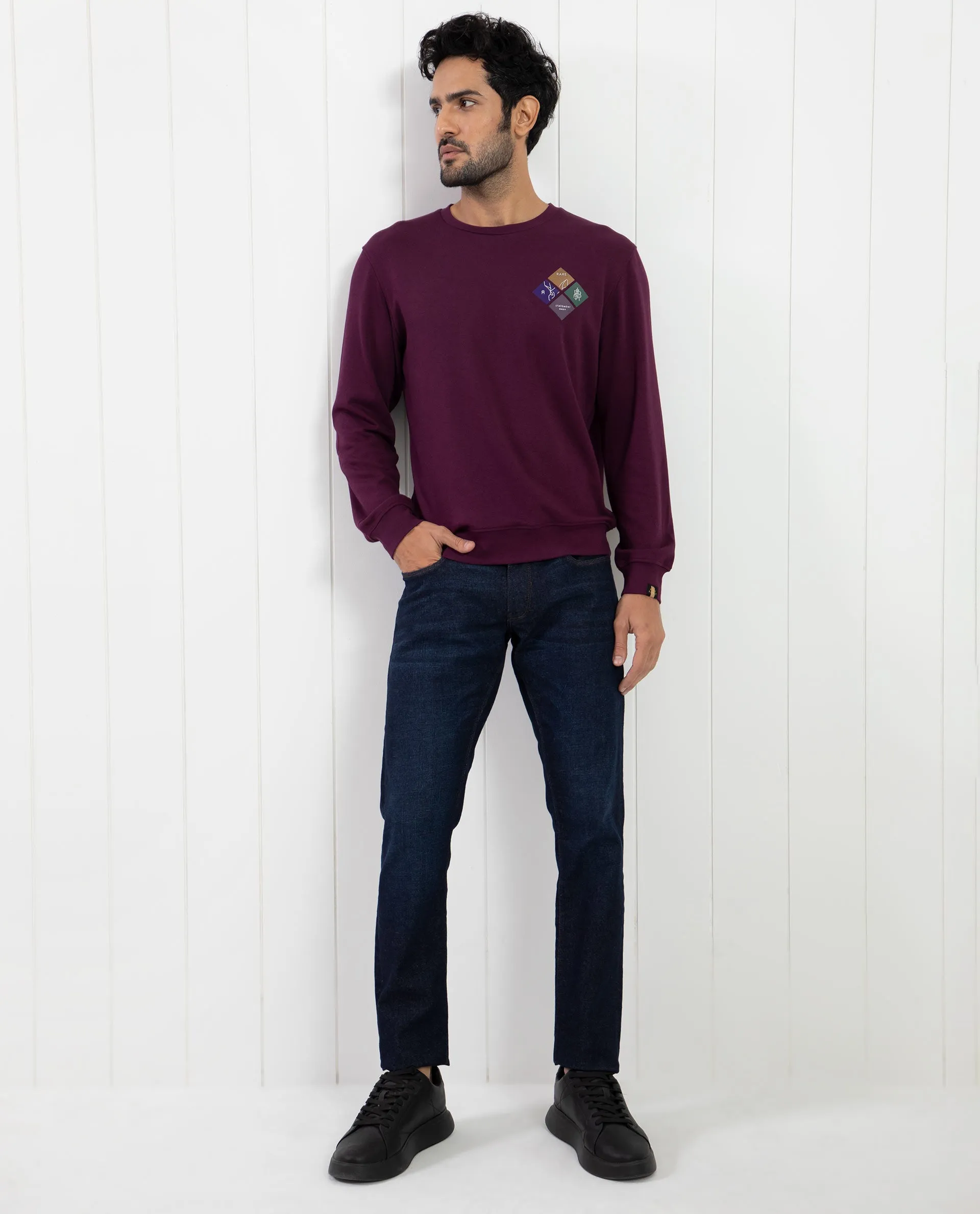 Rare Rabbit Men's Praise Maroon Cotton Polyester Fabric Full Sleeves Graphic Branding Print Sweatshirt