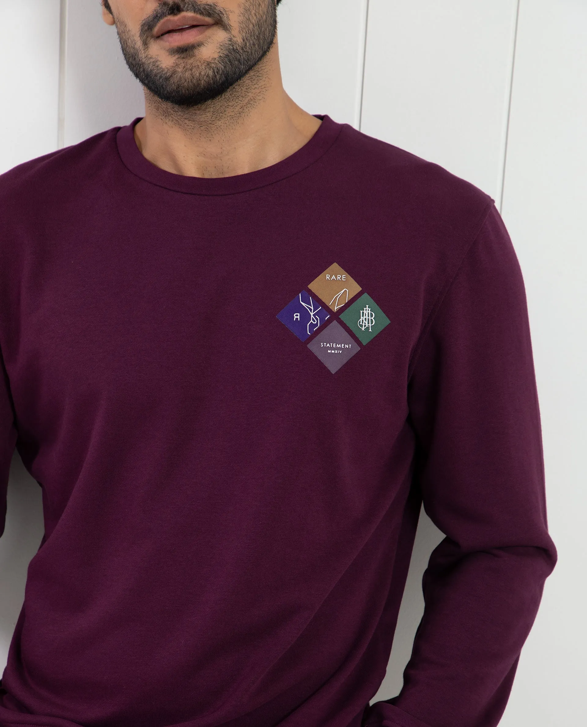 Rare Rabbit Men's Praise Maroon Cotton Polyester Fabric Full Sleeves Graphic Branding Print Sweatshirt