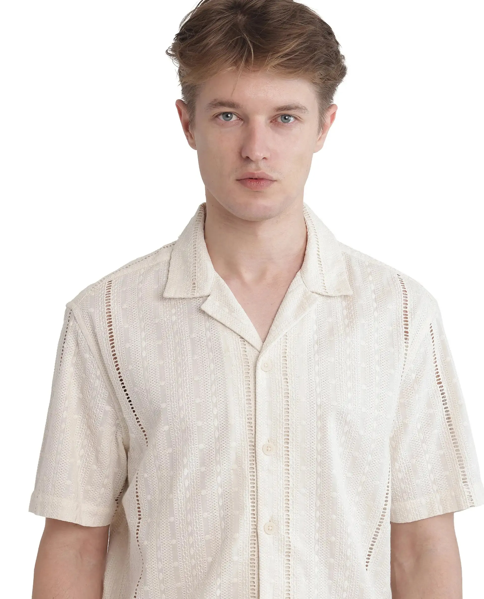 Rare Rabbit Men's Tiffy Off White Cotton Fabric Half Sleeve Cuban Collar Button Closure Relaxed Fit Embroidered Shirt