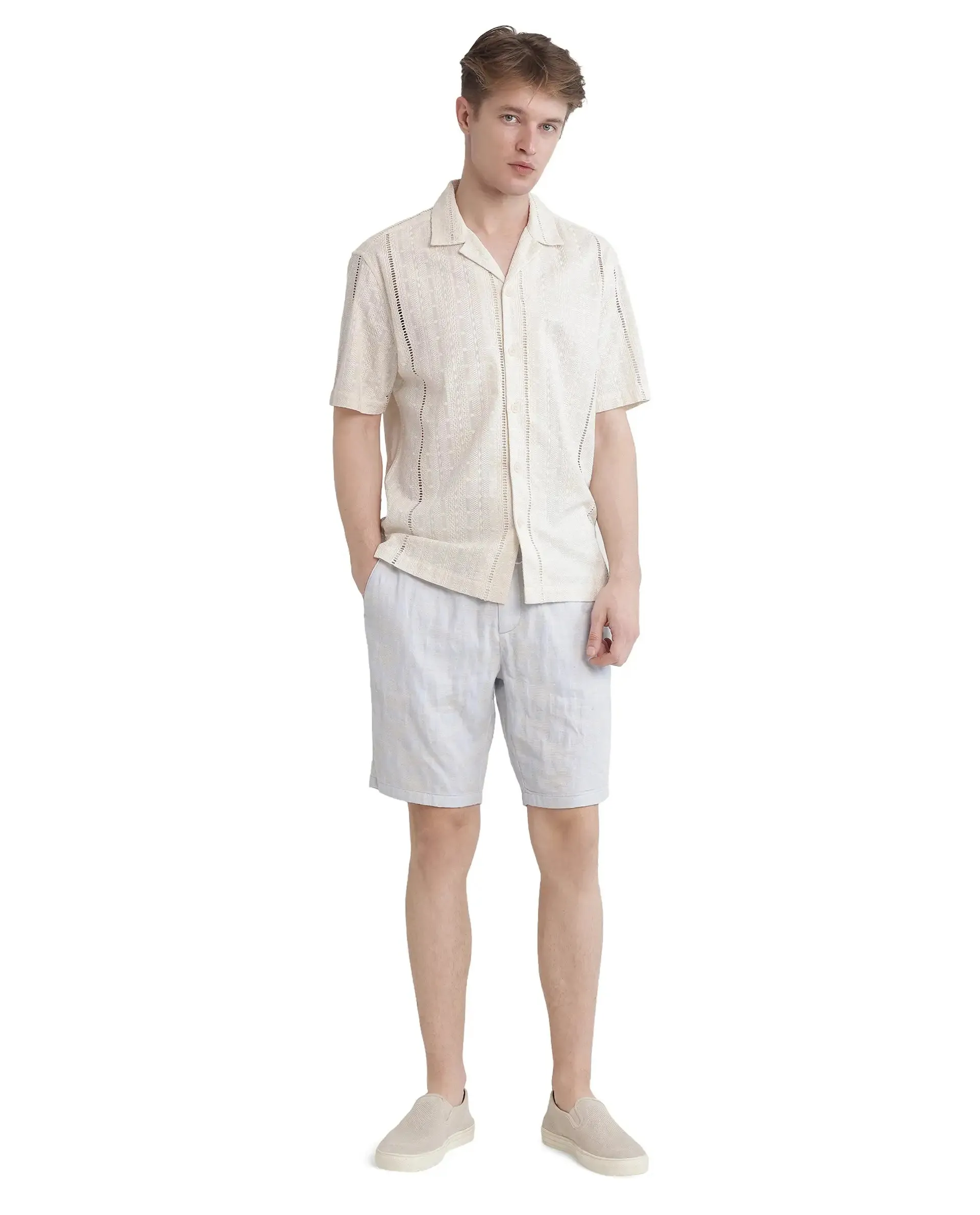 Rare Rabbit Men's Tiffy Off White Cotton Fabric Half Sleeve Cuban Collar Button Closure Relaxed Fit Embroidered Shirt