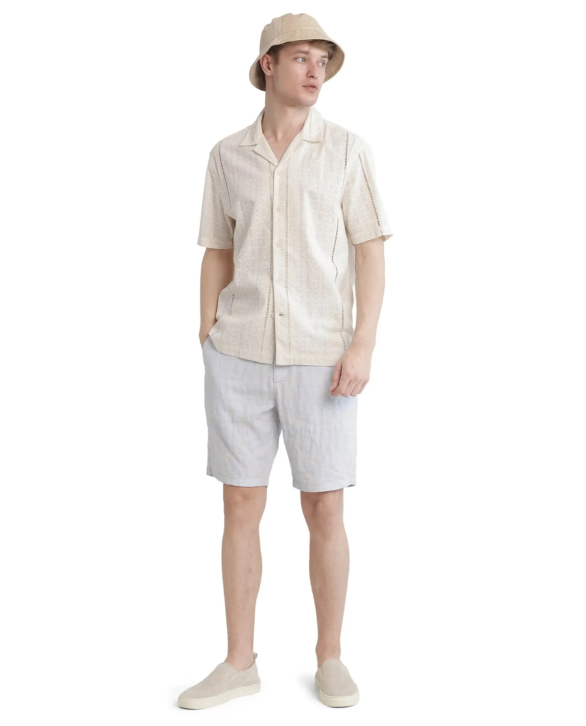 Rare Rabbit Men's Tiffy Off White Cotton Fabric Half Sleeve Cuban Collar Button Closure Relaxed Fit Embroidered Shirt