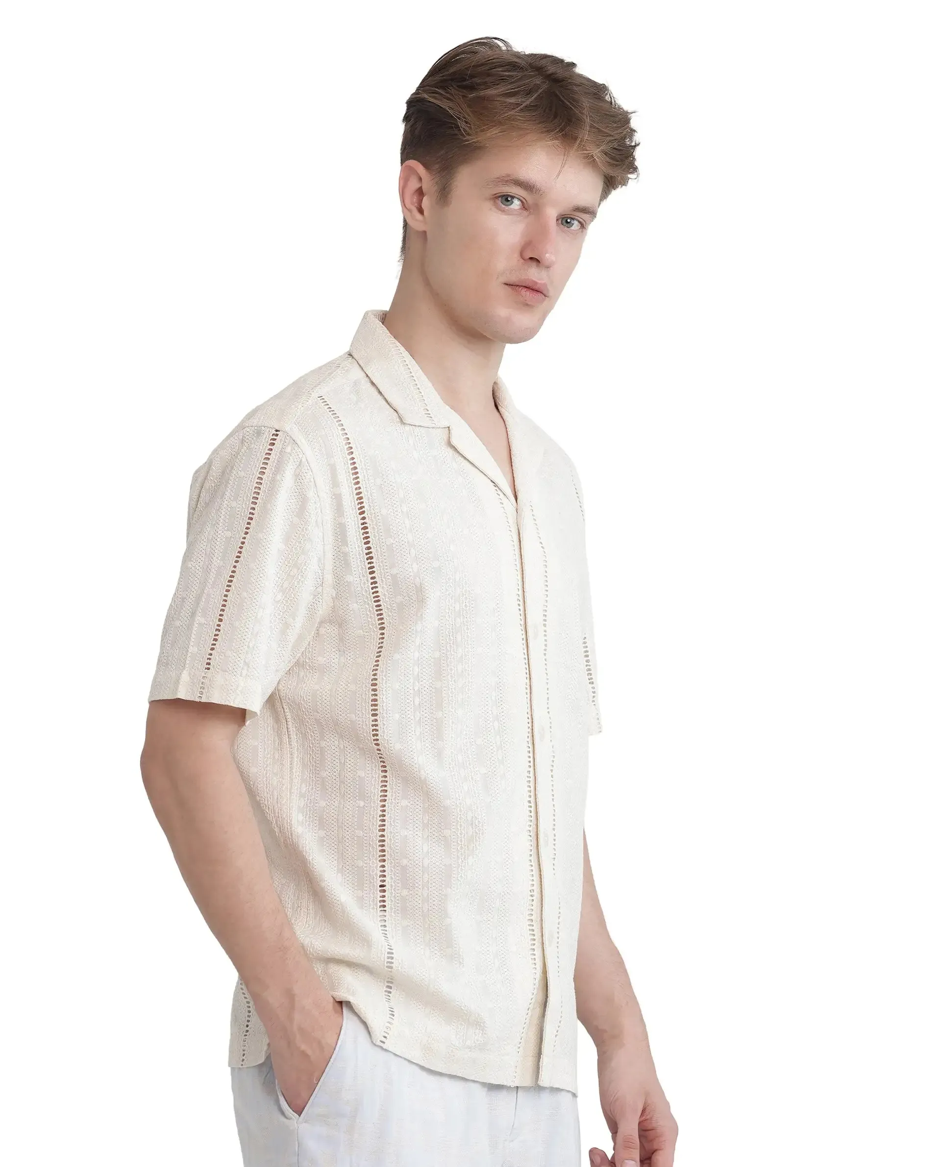 Rare Rabbit Men's Tiffy Off White Cotton Fabric Half Sleeve Cuban Collar Button Closure Relaxed Fit Embroidered Shirt