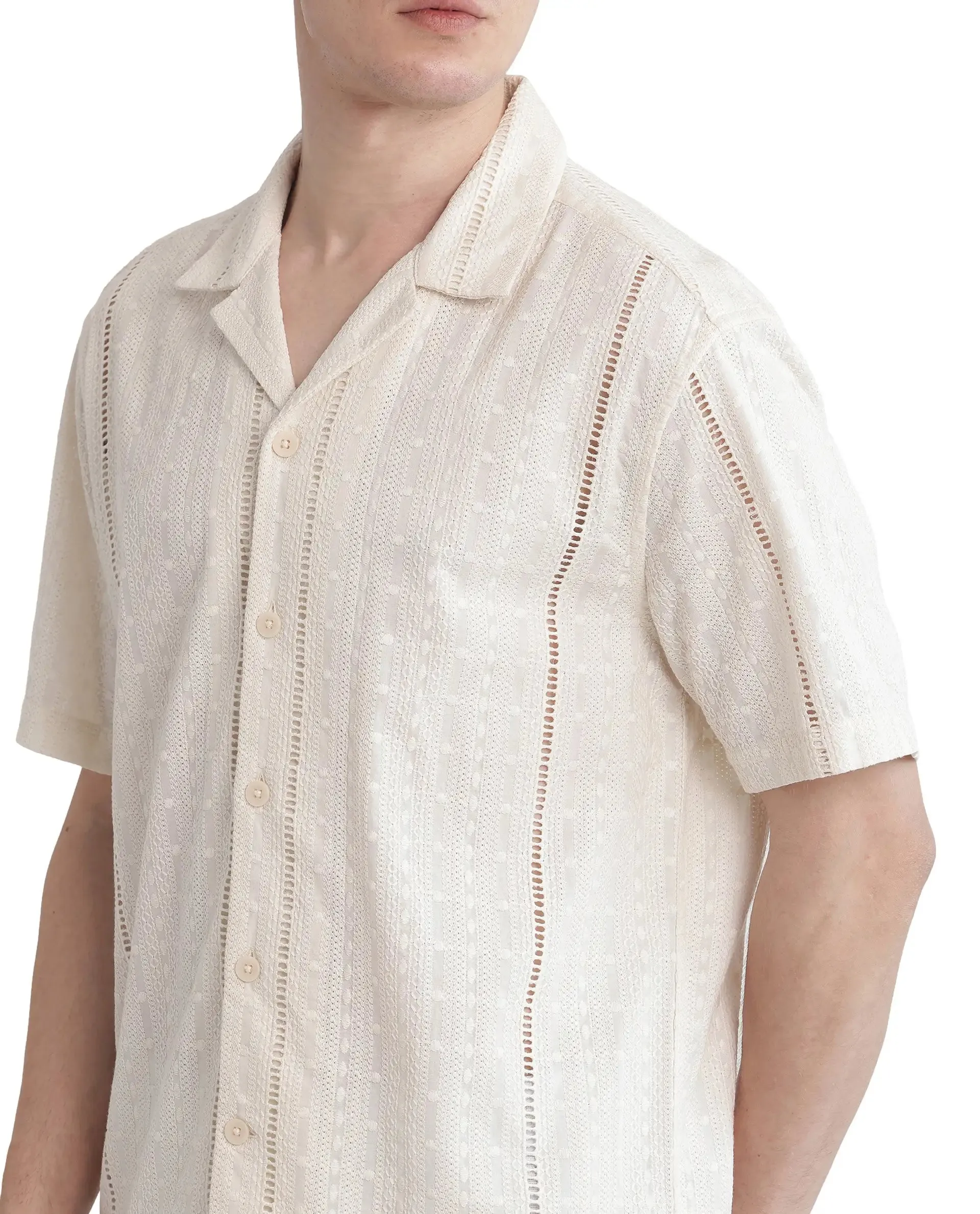 Rare Rabbit Men's Tiffy Off White Cotton Fabric Half Sleeve Cuban Collar Button Closure Relaxed Fit Embroidered Shirt