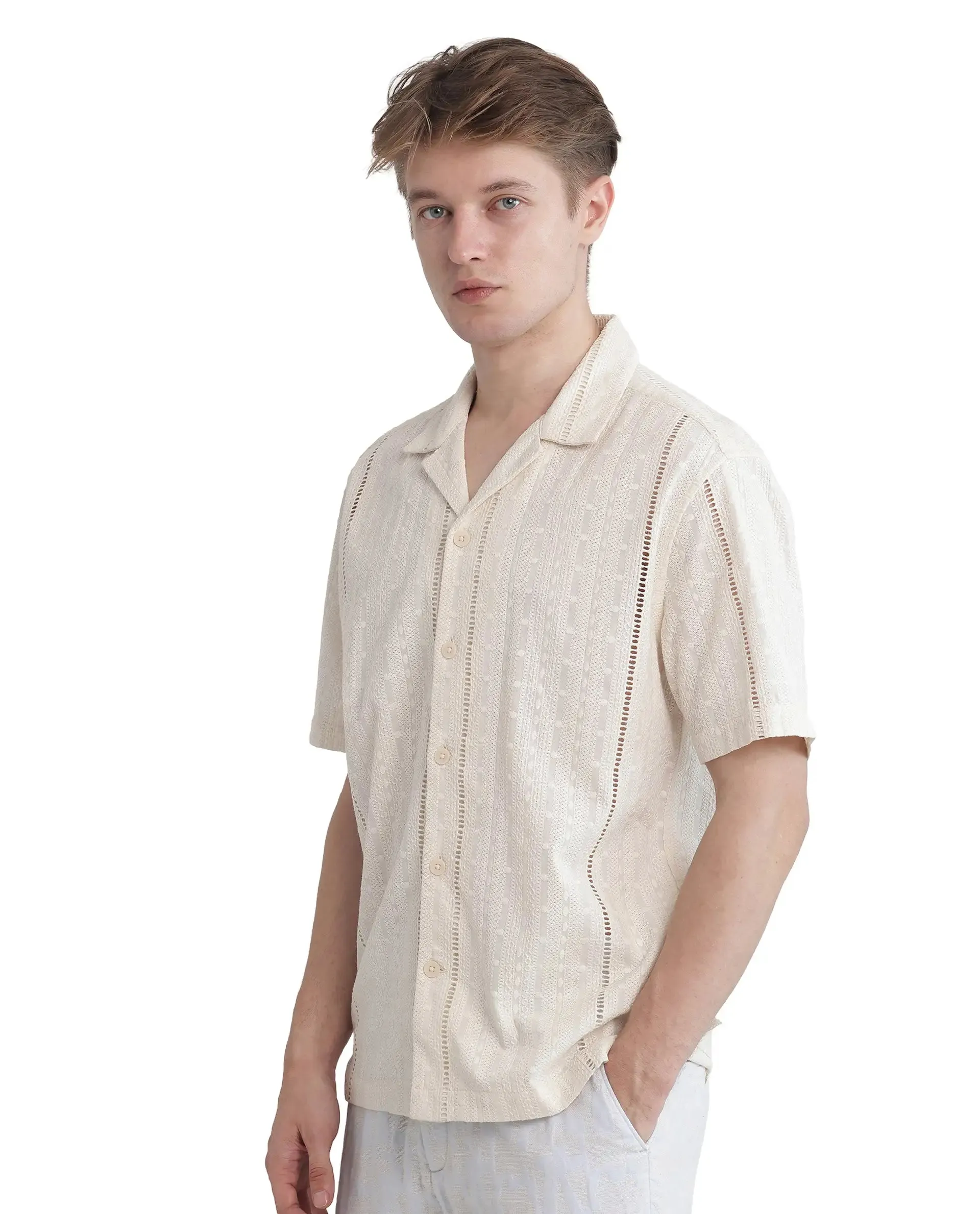 Rare Rabbit Men's Tiffy Off White Cotton Fabric Half Sleeve Cuban Collar Button Closure Relaxed Fit Embroidered Shirt