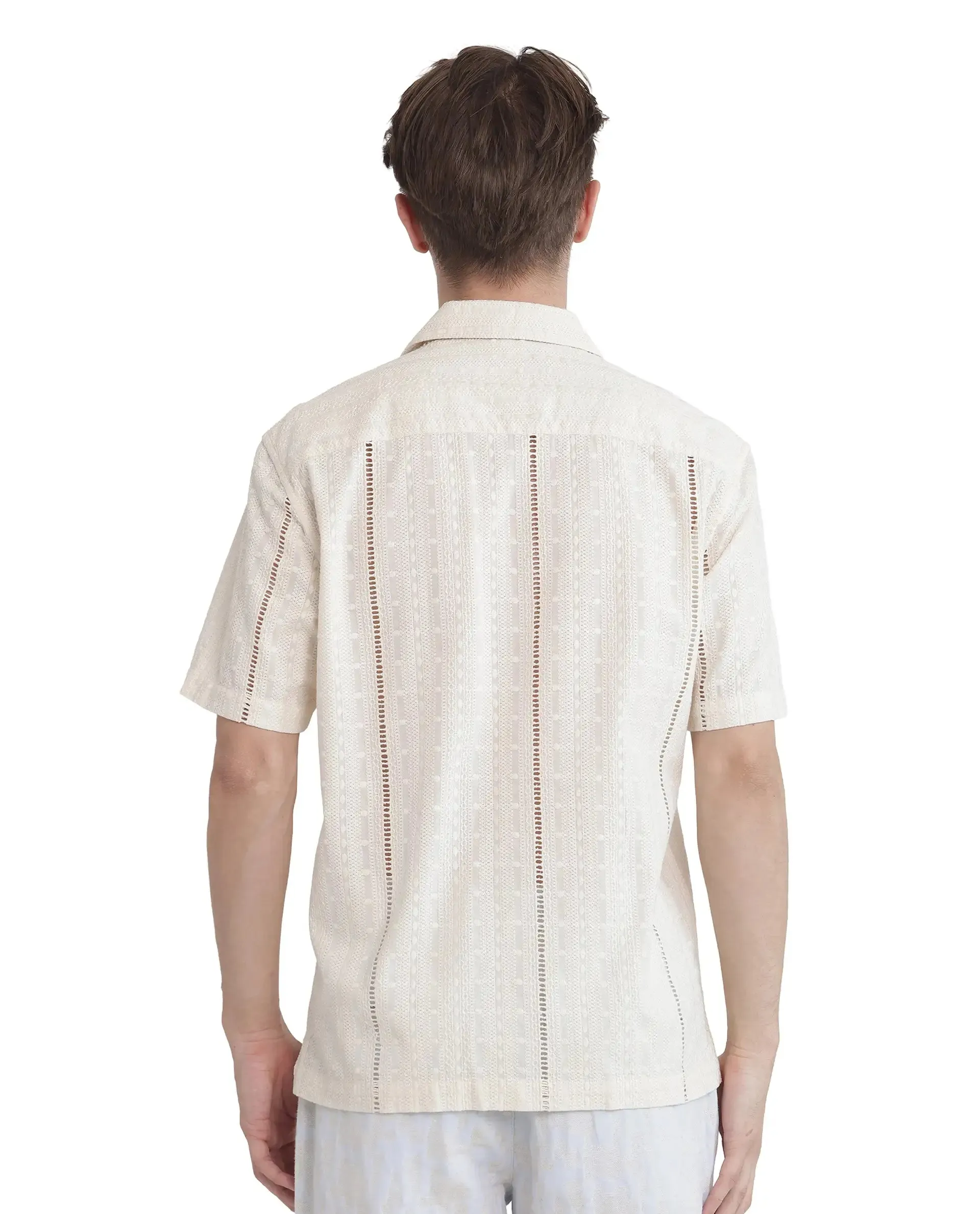 Rare Rabbit Men's Tiffy Off White Cotton Fabric Half Sleeve Cuban Collar Button Closure Relaxed Fit Embroidered Shirt