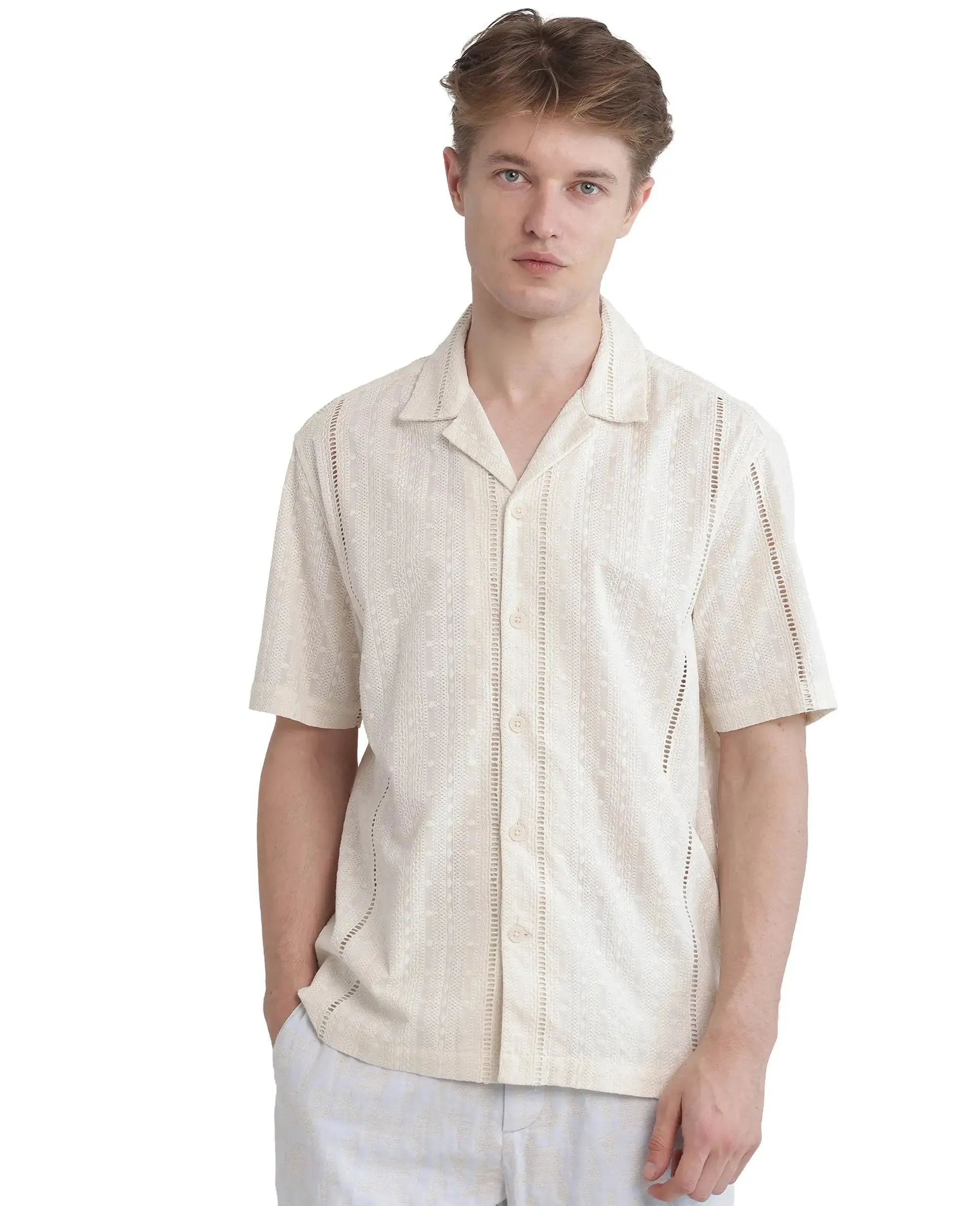Rare Rabbit Men's Tiffy Off White Cotton Fabric Half Sleeve Cuban Collar Button Closure Relaxed Fit Embroidered Shirt