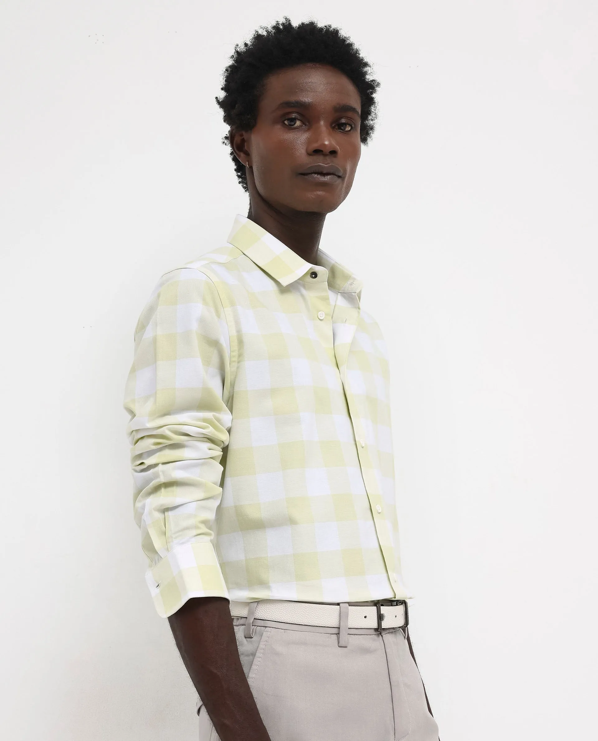Rare Rabbit Men's Tinker Light Green Cotton Fabric Full Sleeve Regular Fit Gingham Checks Shirt