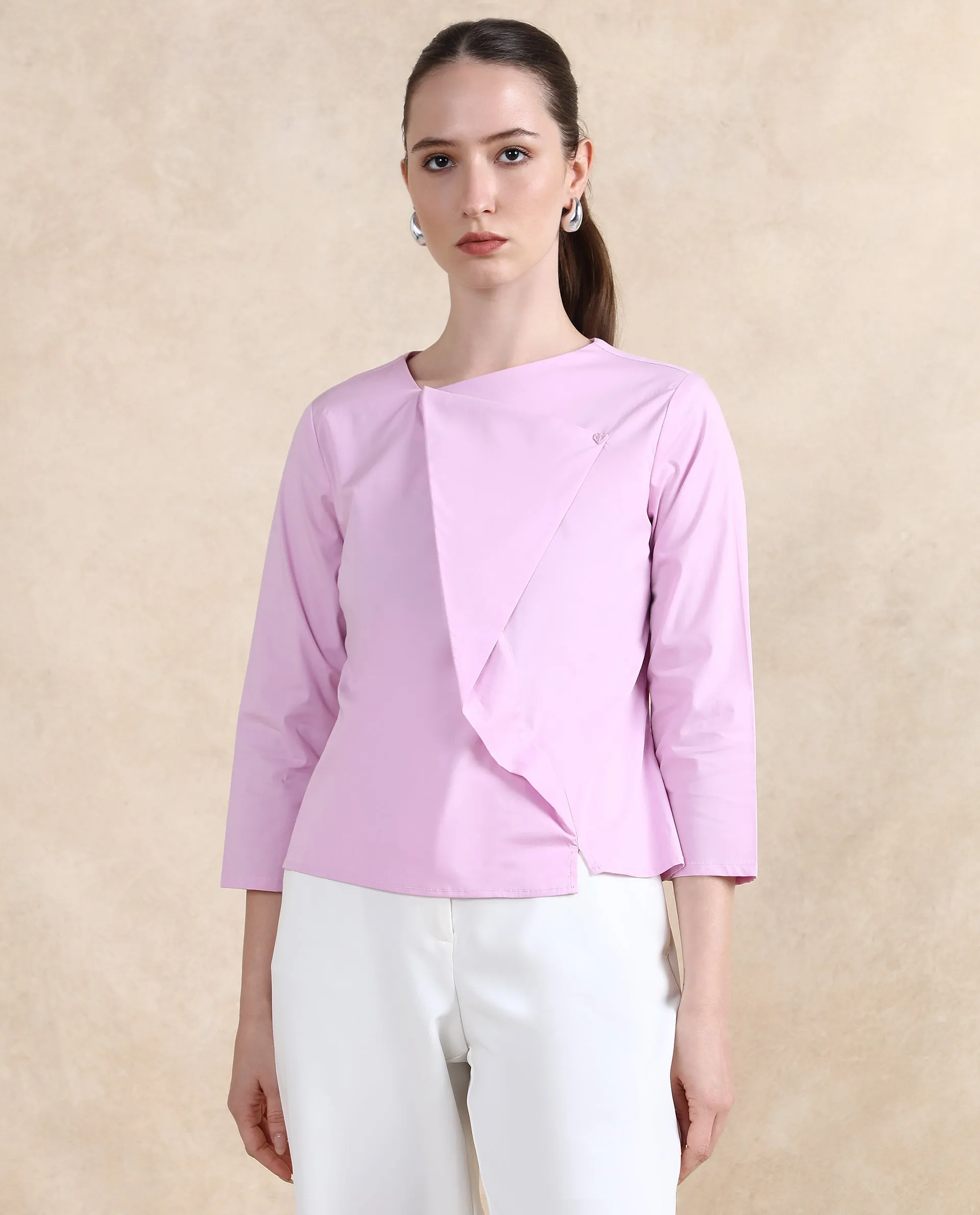 Rareism Women Xew Light Pink Cotton Fabric Regular Sleeves Asymmetric Neck Button Closure Plain Top