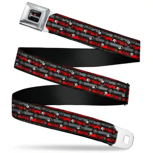 SKELANIMALS Title Logo Full Color Black/White/Red Seatbelt Belt - Skelanimals Bonita the Unicorn Poses Stripe Black/Red/Gray Webbing