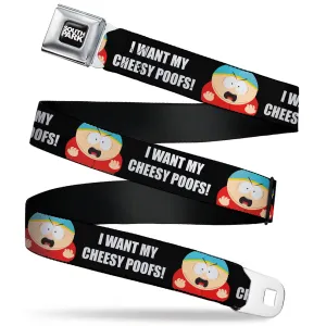 SOUTH PARK Title Logo Full Color Black/White Seatbelt Belt - South Park Cartman I WANT MY CHEESY POOFS Pose Black Webbing