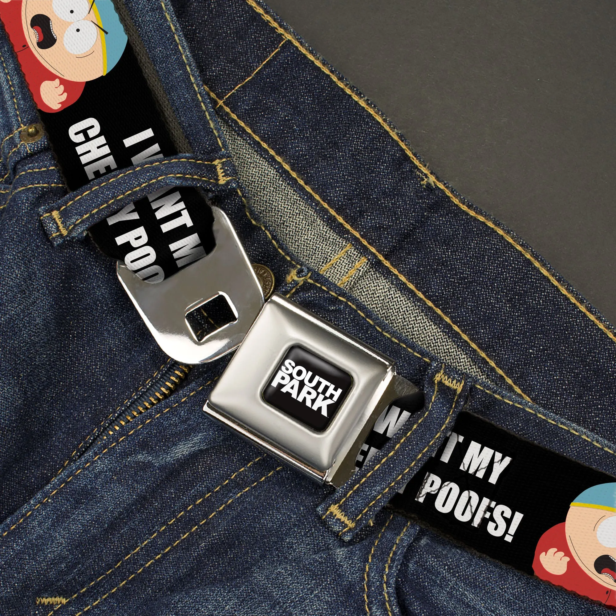 SOUTH PARK Title Logo Full Color Black/White Seatbelt Belt - South Park Cartman I WANT MY CHEESY POOFS Pose Black Webbing