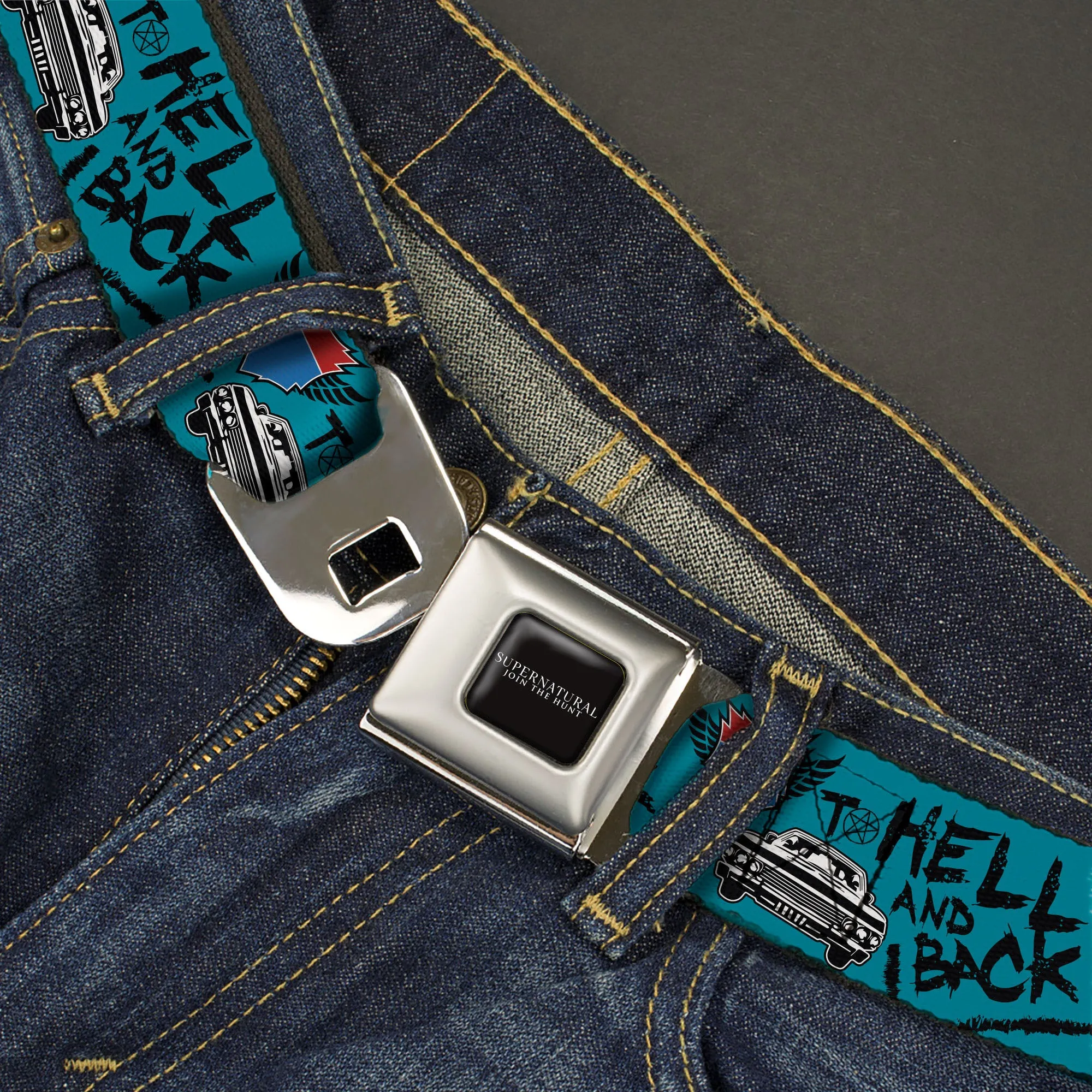 SUPERNATURAL-JOIN THE HUNT Full Color Black/White Seatbelt Belt - Supernatural Baby Car TO HELL AND BACK Collage Blue/Black Webbing