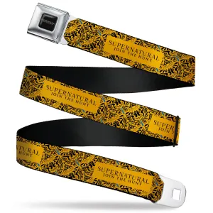 SUPERNATURAL-JOIN THE HUNT Full Color Black/White Seatbelt Belt - SUPERNATURAL JOIN THE HUNT Title Logo and CASTIEL Wings Yellow/Black Webbing