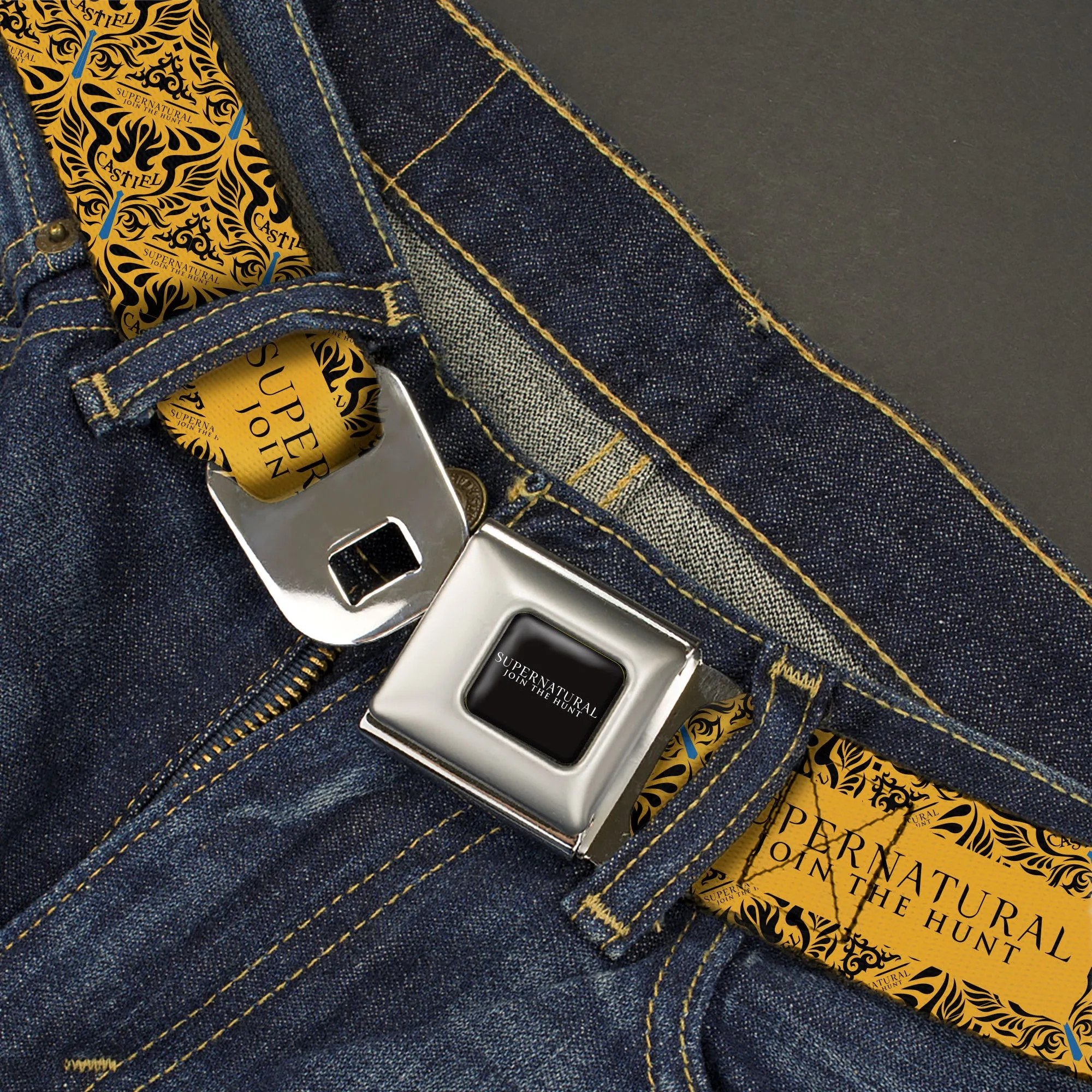 SUPERNATURAL-JOIN THE HUNT Full Color Black/White Seatbelt Belt - SUPERNATURAL JOIN THE HUNT Title Logo and CASTIEL Wings Yellow/Black Webbing