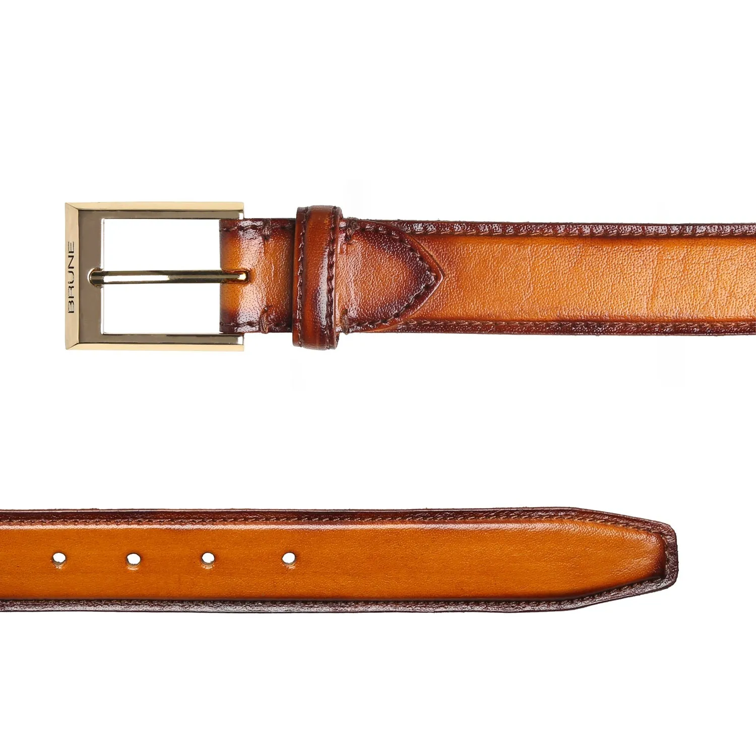Tan With Golden Square Buckle Hand Painted Leather Formal Belt For Men