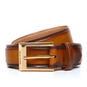 Tan With Golden Square Buckle Hand Painted Leather Formal Belt For Men
