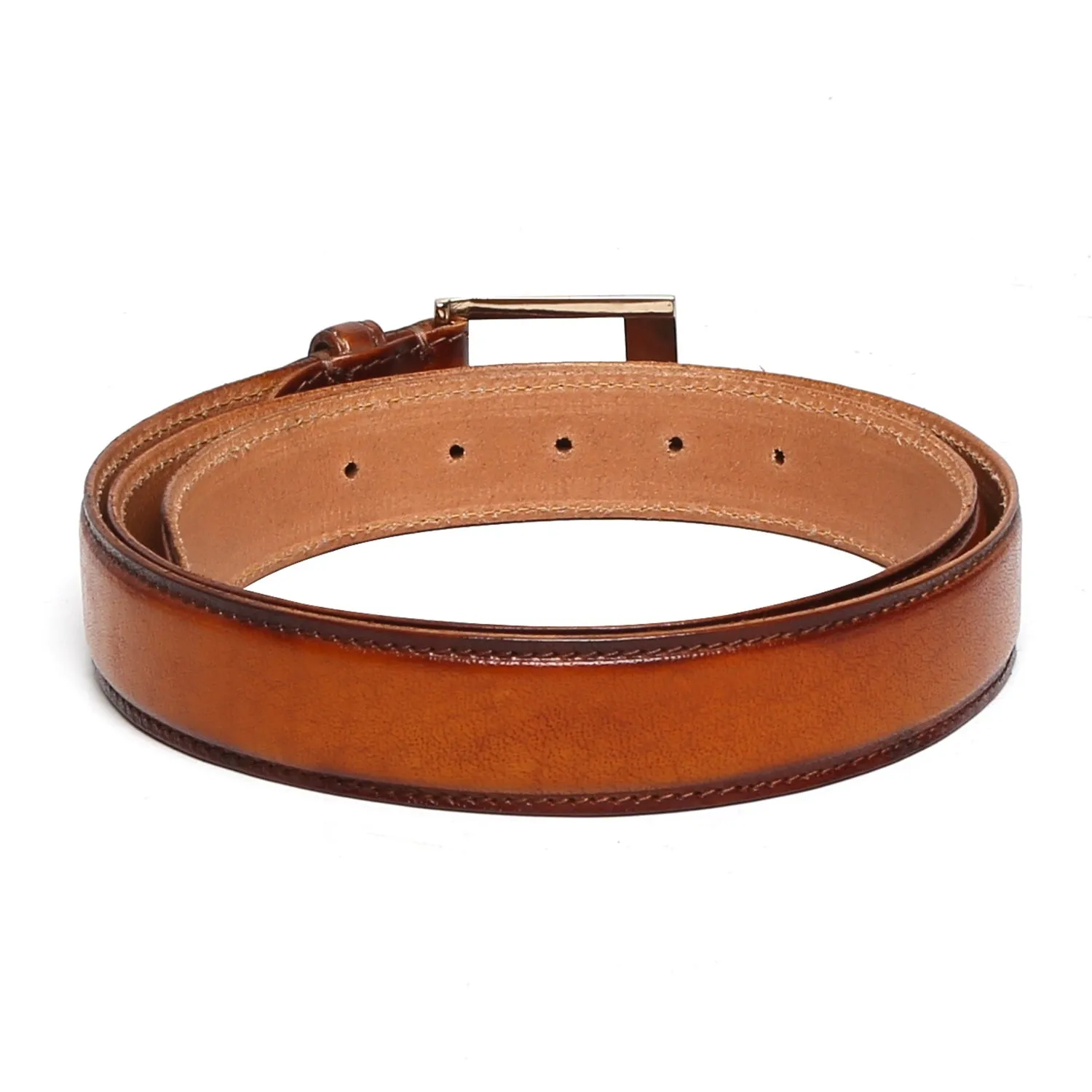 Tan With Golden Square Buckle Hand Painted Leather Formal Belt For Men