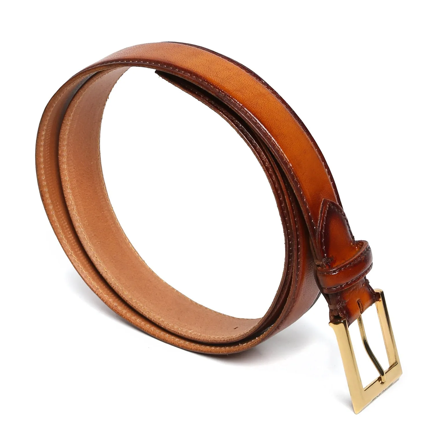 Tan With Golden Square Buckle Hand Painted Leather Formal Belt For Men