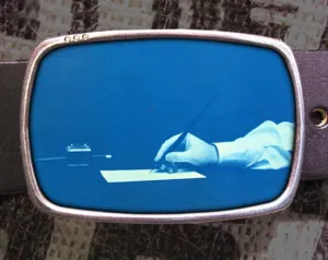 Vintage Blue Hand Writer Print Belt Buckle - Handwritten Letter Cyanotype Photograph
