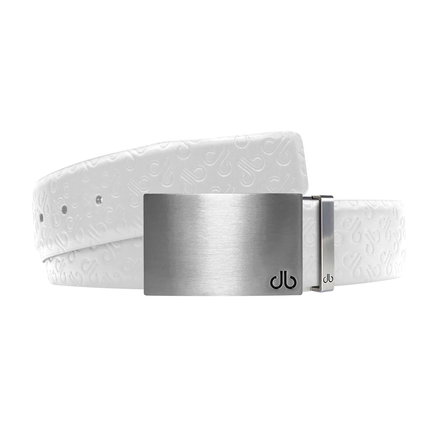 White Db Icon Pattern Embossed Leather Belt With Silver Druh Db Classic Block Buckle
