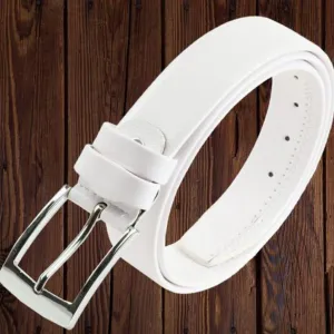 White Textured Formal Solid Synthetic Belts For Men