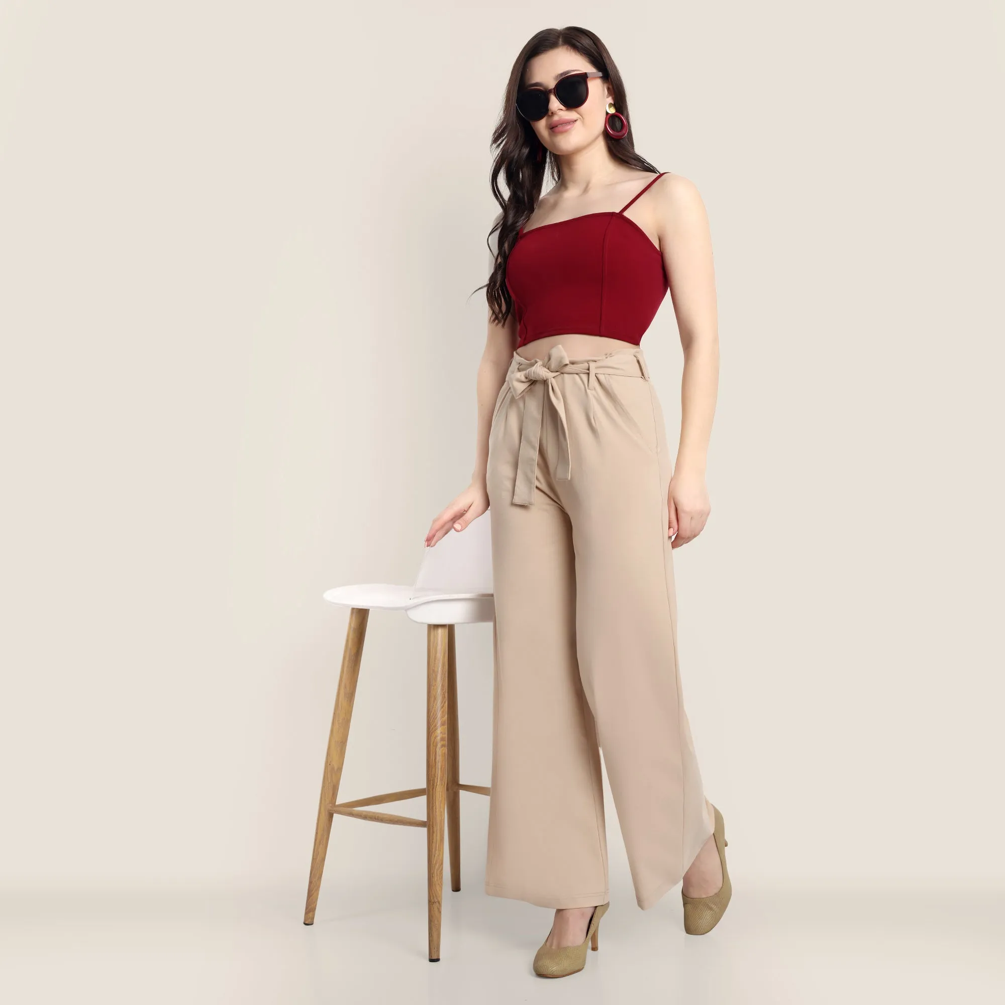Women Beige Cotton Blend Trousers